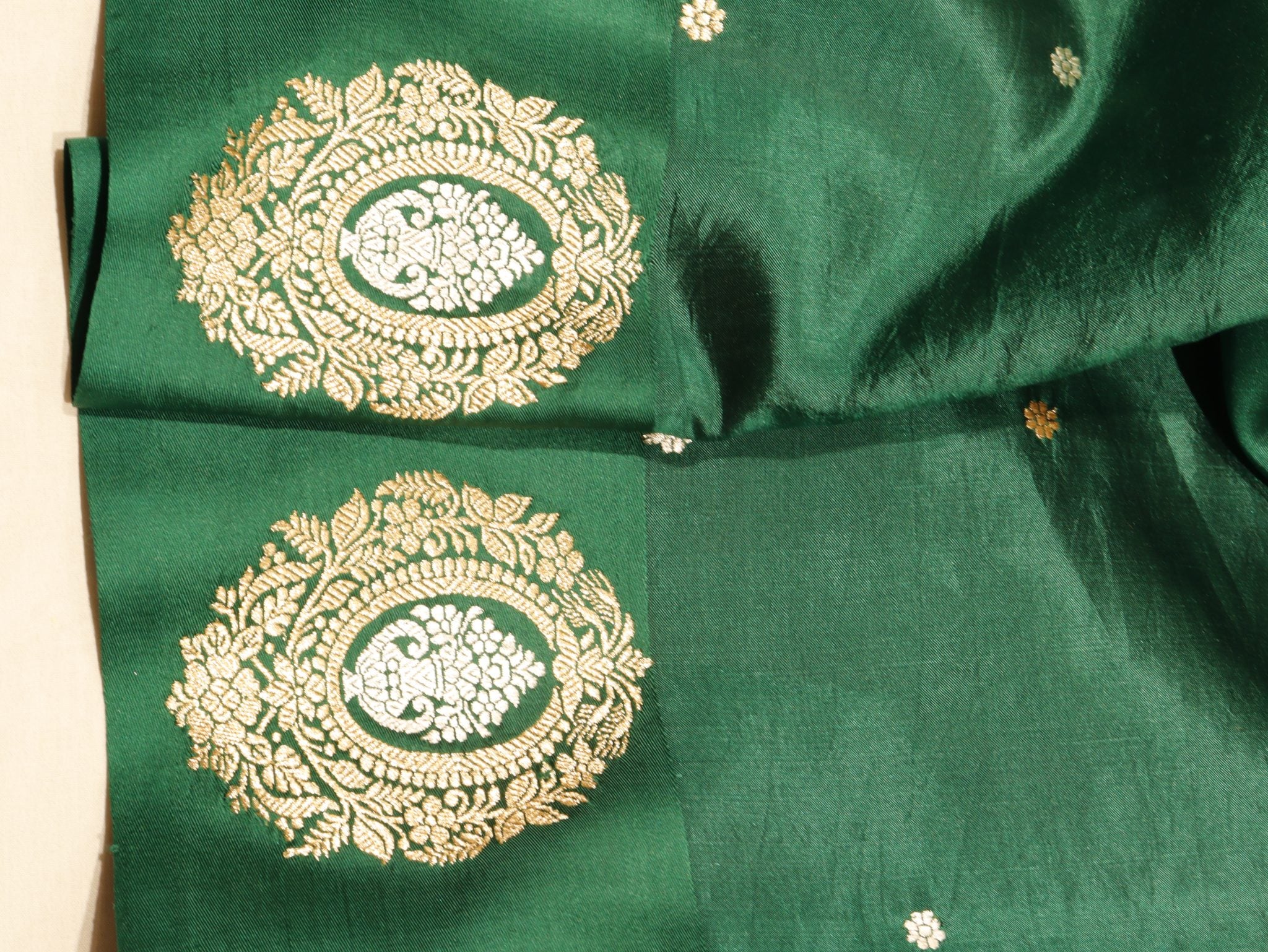 Bottle Green Soft Katan Banarasi saree full spread