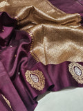 Wine Soft Katan Banarasi saree front drape view