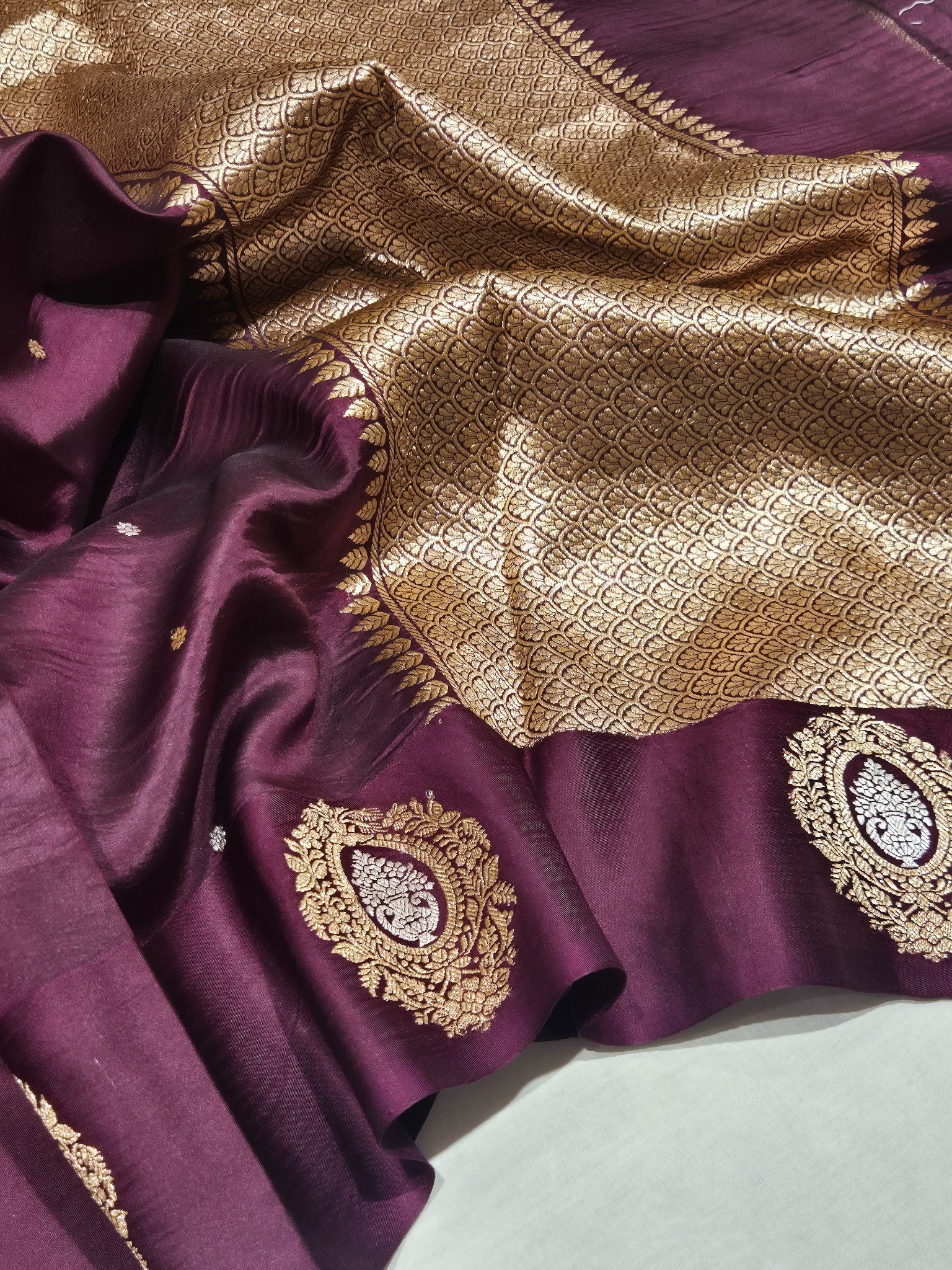 Wine Soft Katan Banarasi saree front drape view