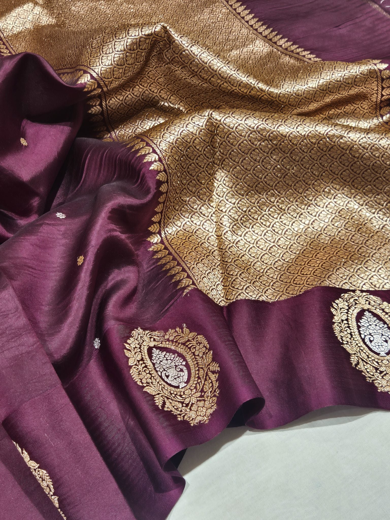 Wine Soft Katan Banarasi saree pallu detail
