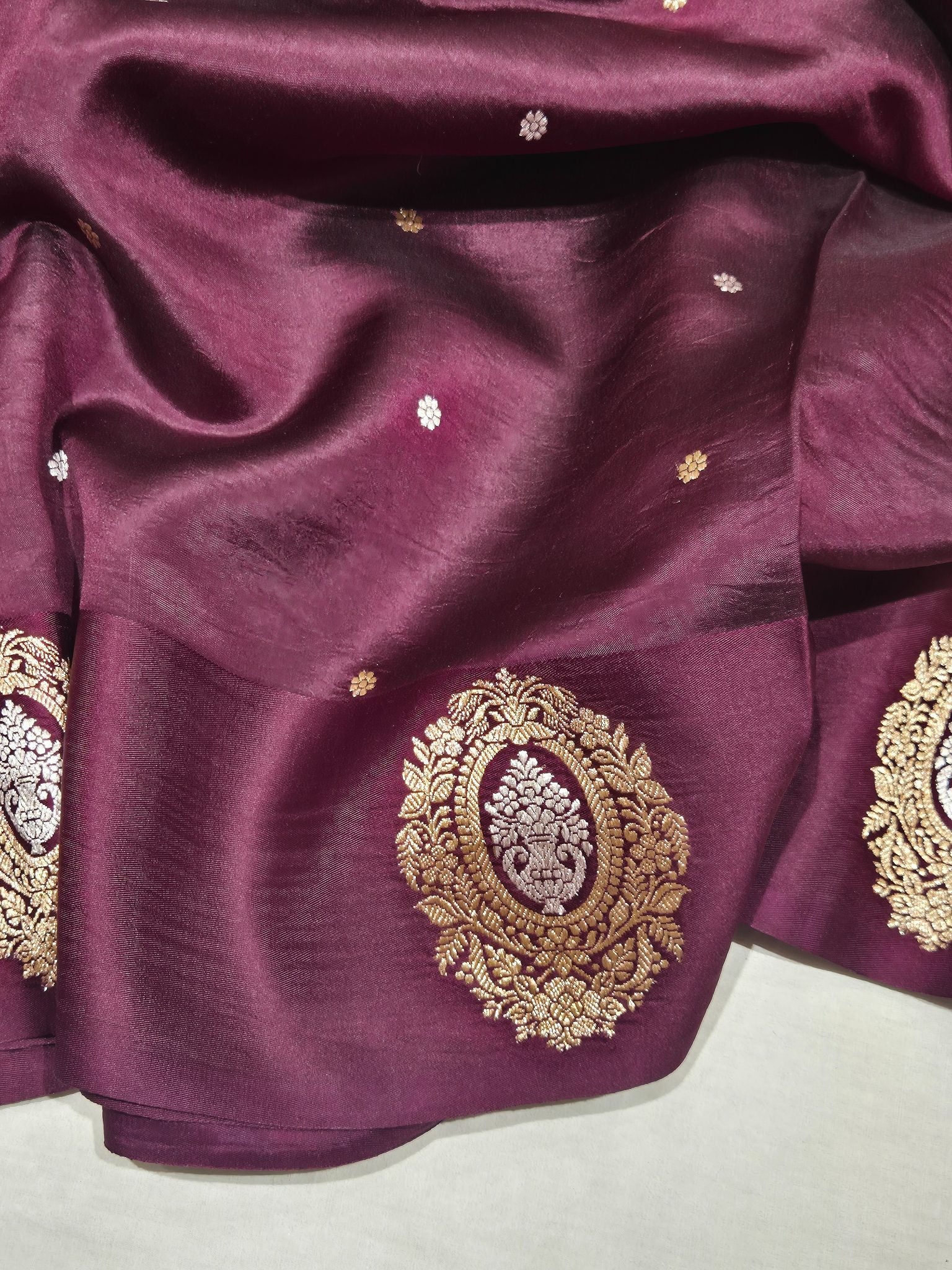 Wine Soft Katan Banarasi saree border closeup