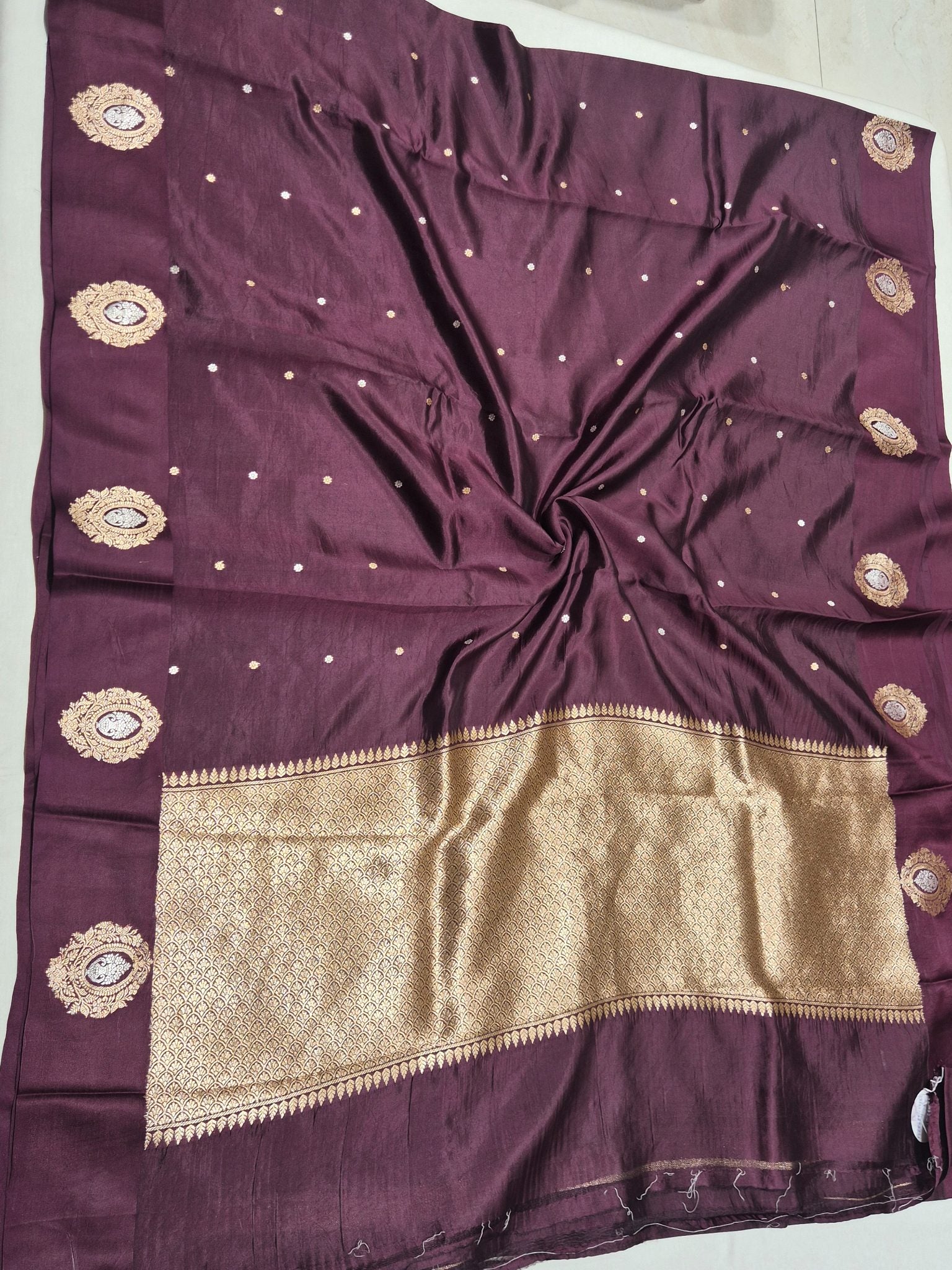 Wine Soft Katan Banarasi saree full spread