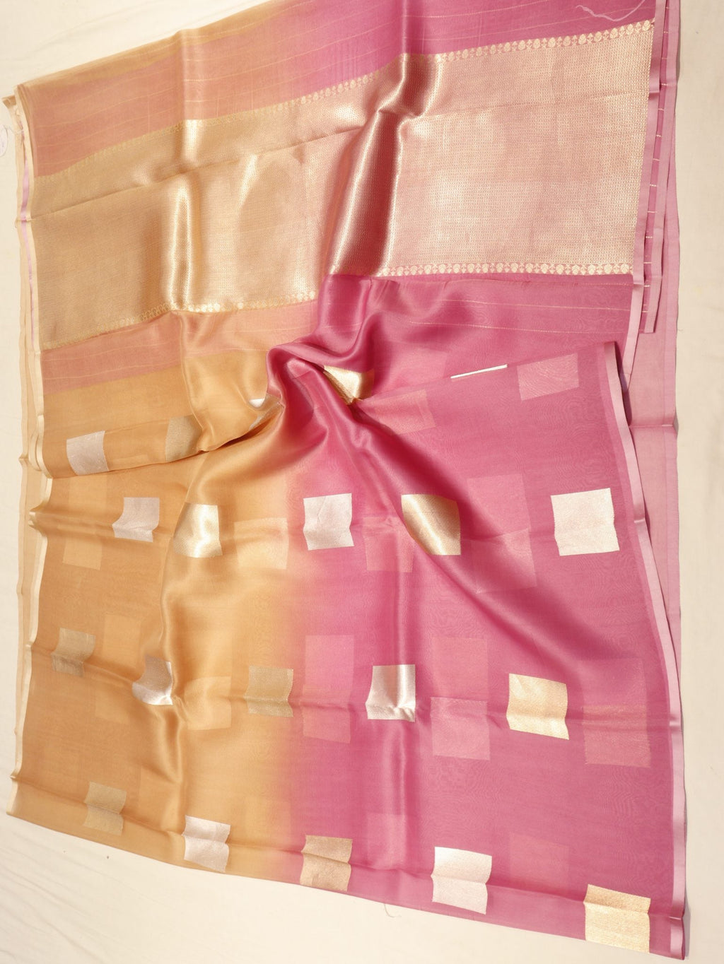 Ombre - Light Coffee, Pink Kora Silk Banarasi saree front drape view