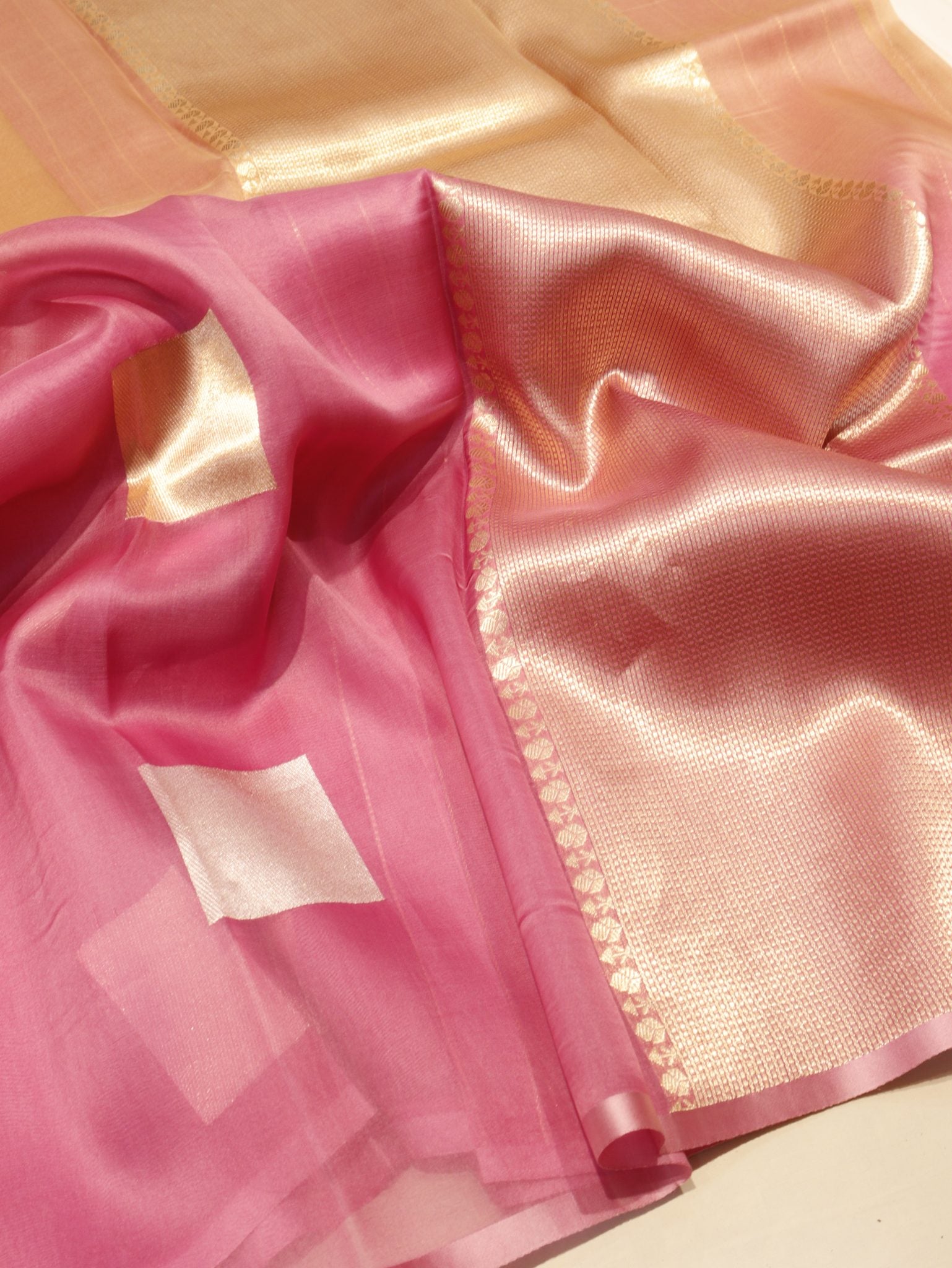 Ombre - Light Coffee, Pink Kora Silk Banarasi saree border closeup