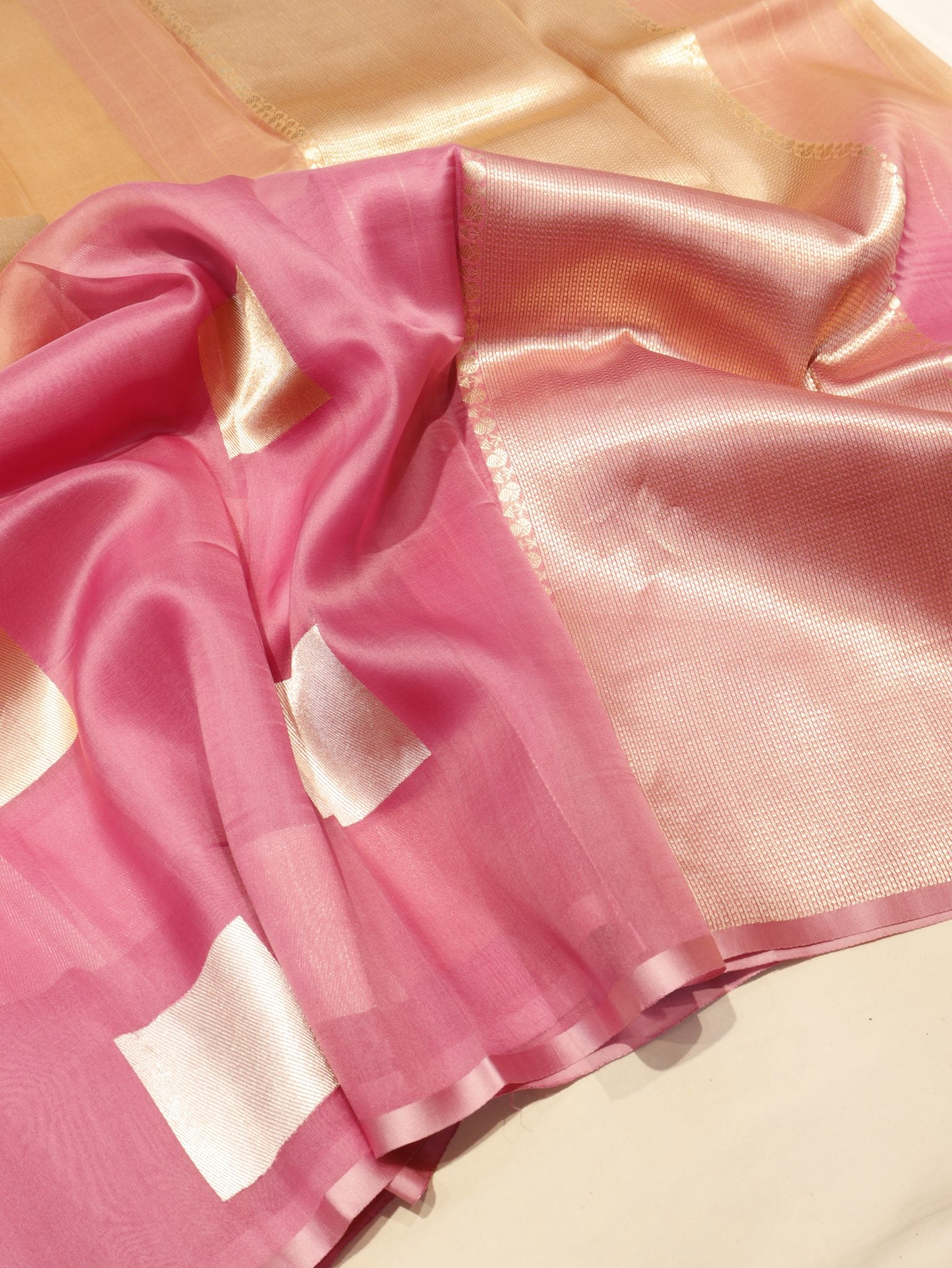 Ombre - Light Coffee, Pink Kora Silk Banarasi saree full spread