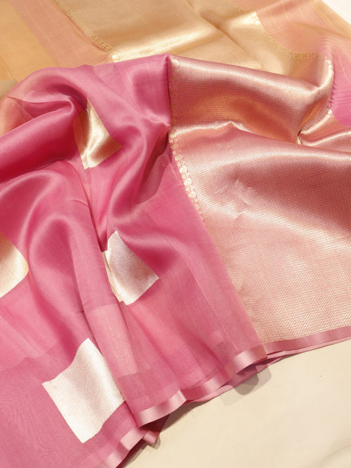 Ombre - Light Coffee, Pink Kora Silk Banarasi saree full spread