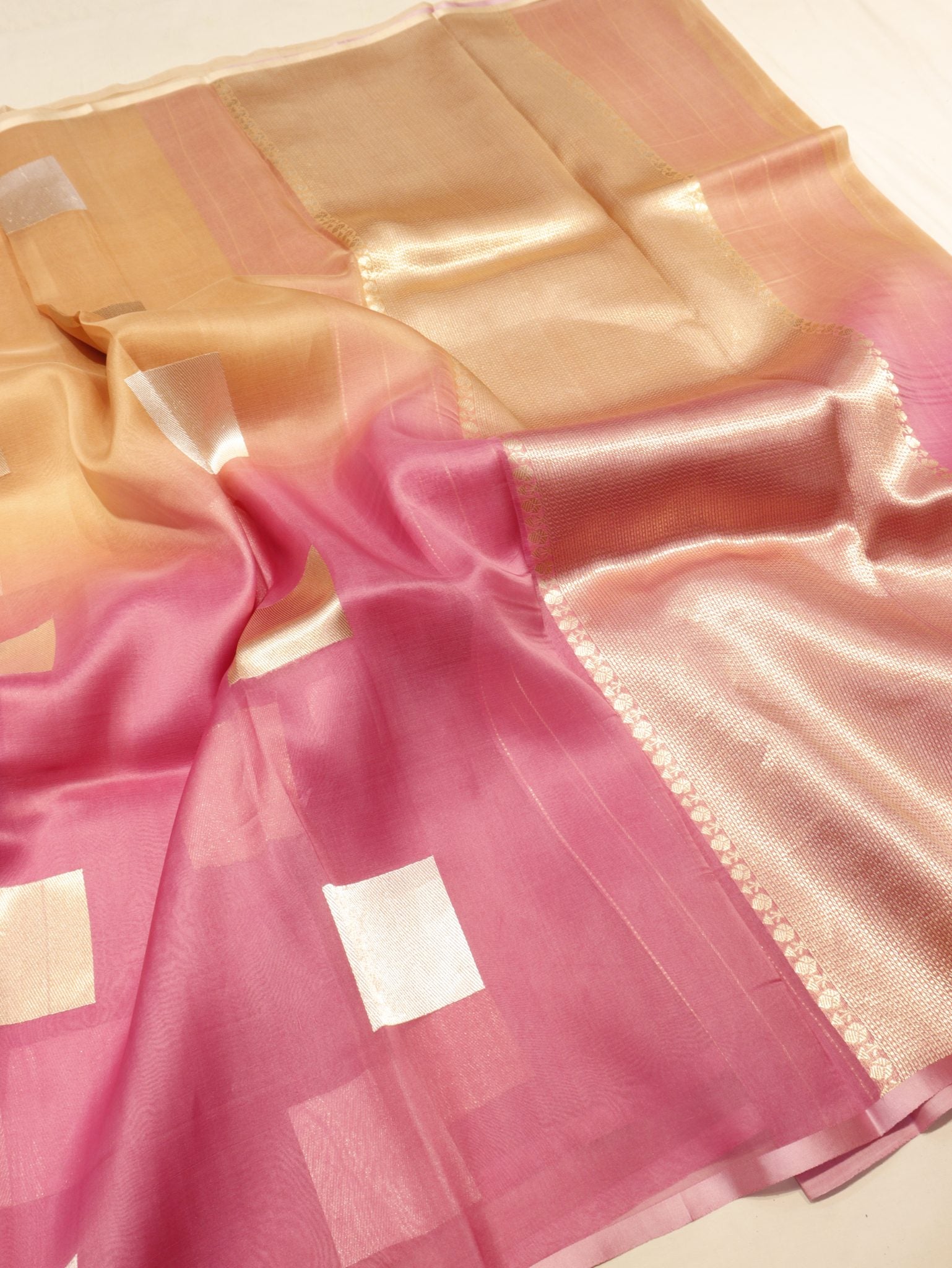 Ombre - Light Coffee, Pink Kora Silk Banarasi saree texture detail