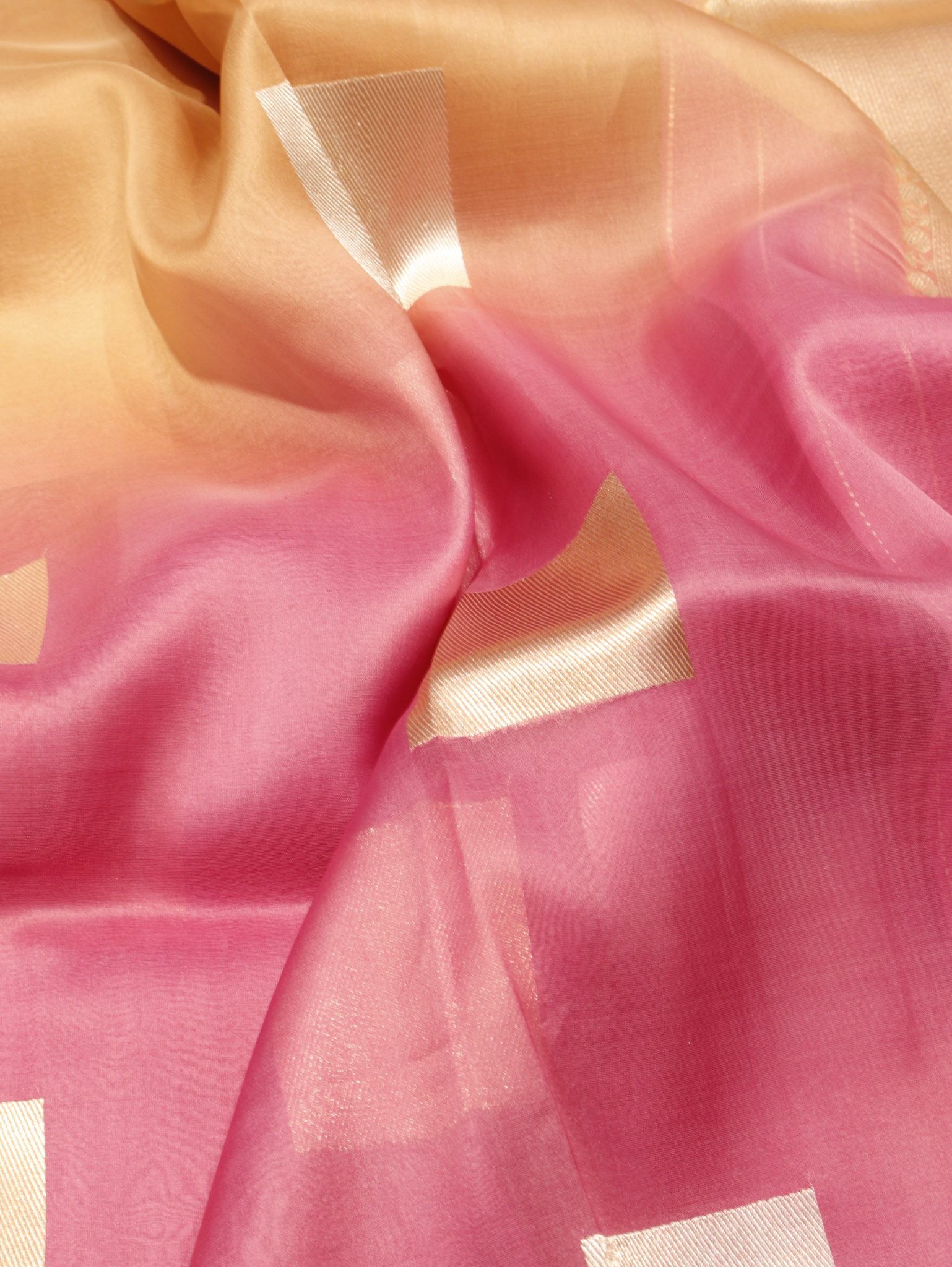 Ombre - Light Coffee, Pink Kora Silk Banarasi saree zari work detail