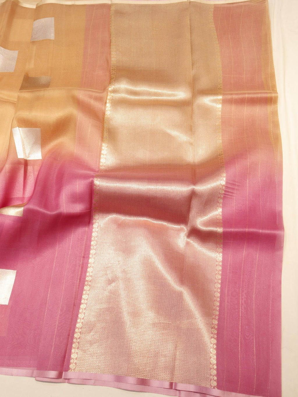 Ombre - Light Coffee, Pink Kora Silk Banarasi saree front drape view
