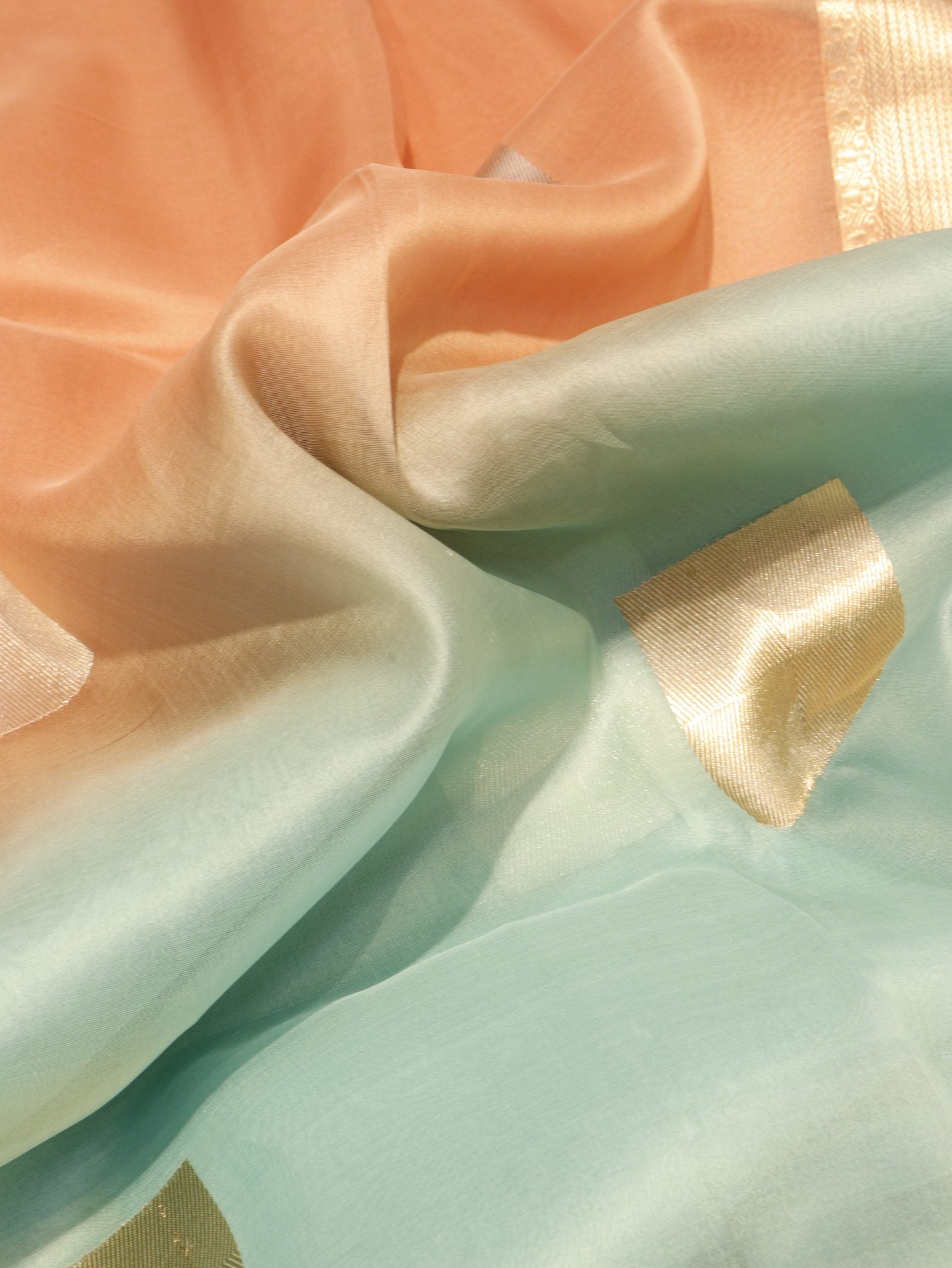 Ombre - soft peach, mint blu Kora Silk Banarasi saree blouse piece