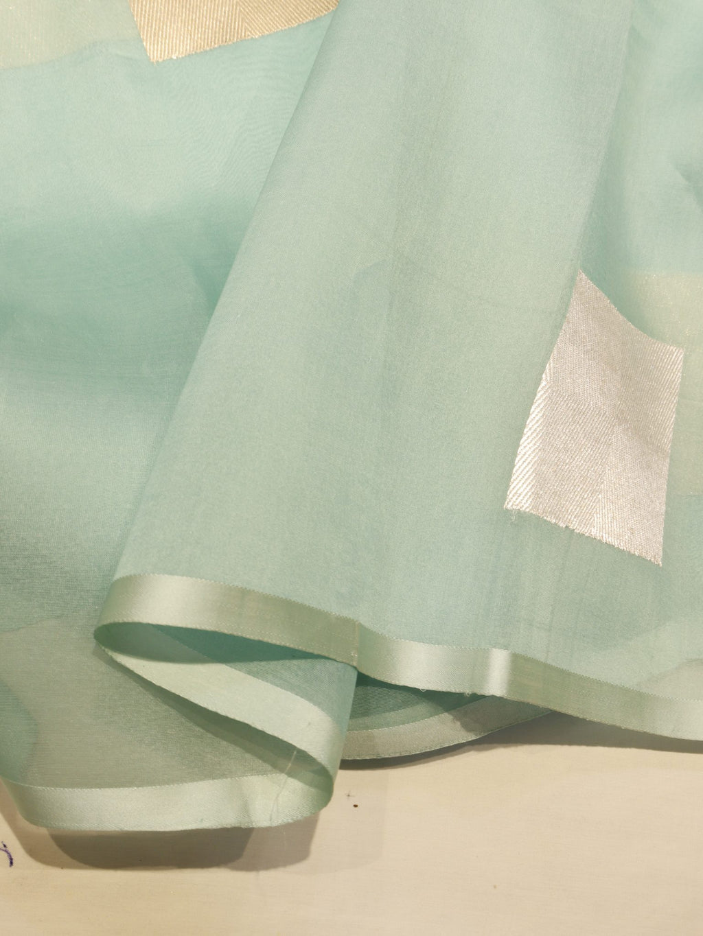 Ombre - soft peach, mint blu Kora Silk Banarasi saree full spread