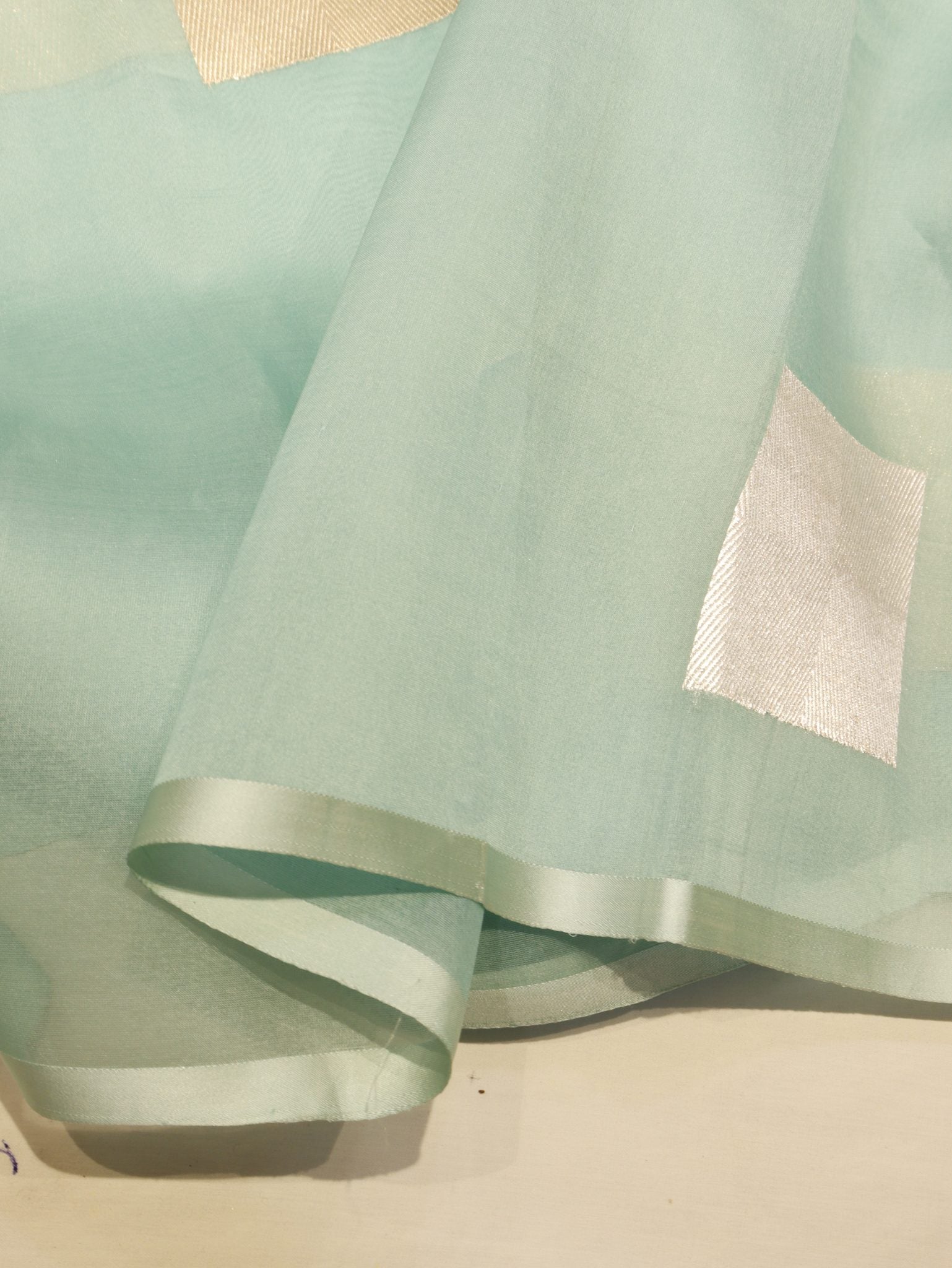 Ombre - soft peach, mint blu Kora Silk Banarasi saree full spread