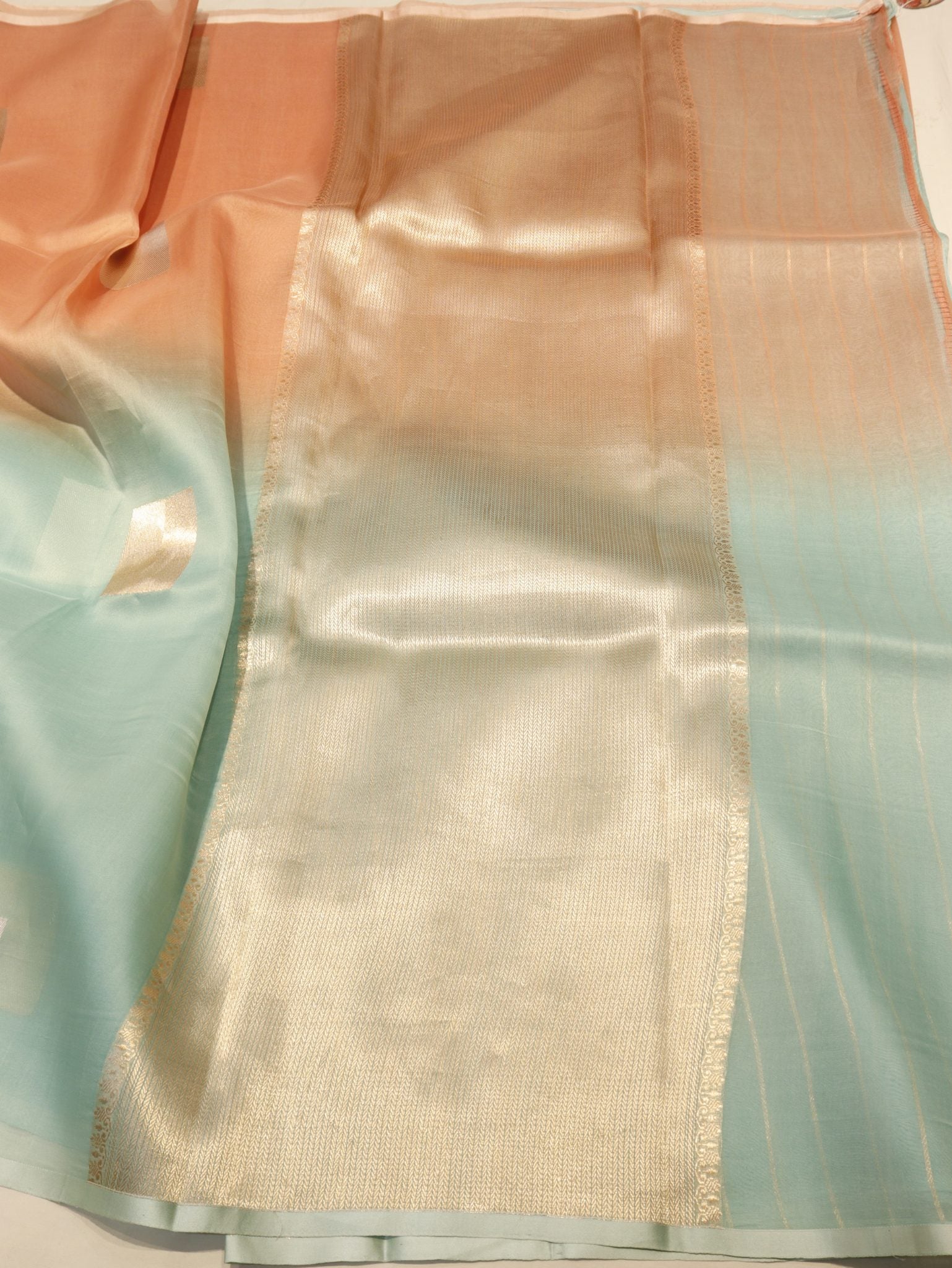 Ombre - soft peach, mint blu Kora Silk Banarasi saree texture detail