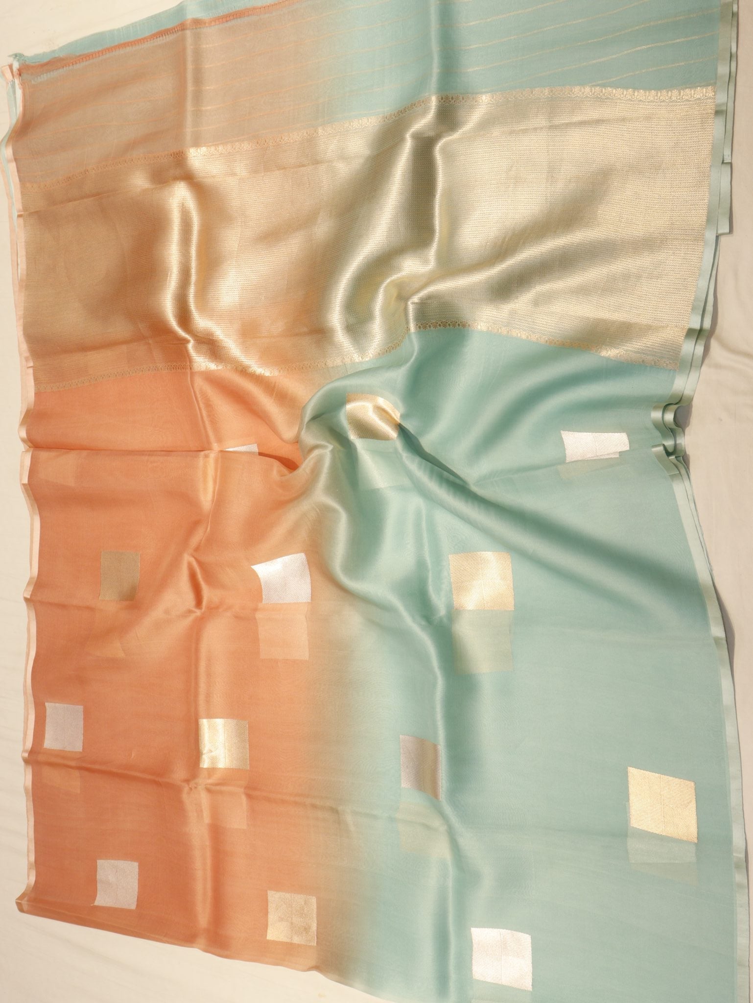 Ombre - soft peach, mint blu Kora Silk Banarasi saree folded view
