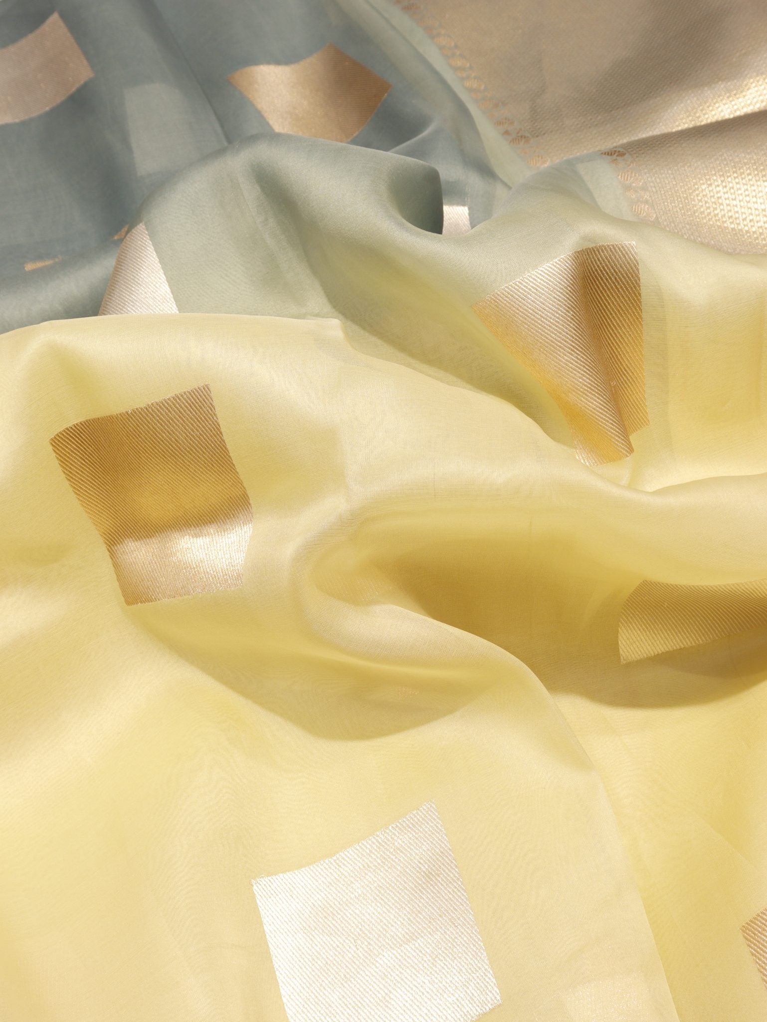 Ombre - Ice grey, Butter Yellow Kora Silk Banarasi saree front drape view