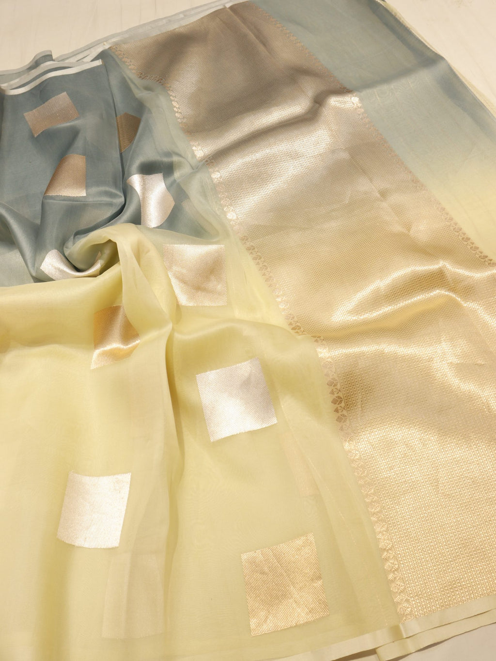 Ombre - Ice grey, Butter Yellow Kora Silk Banarasi saree border closeup
