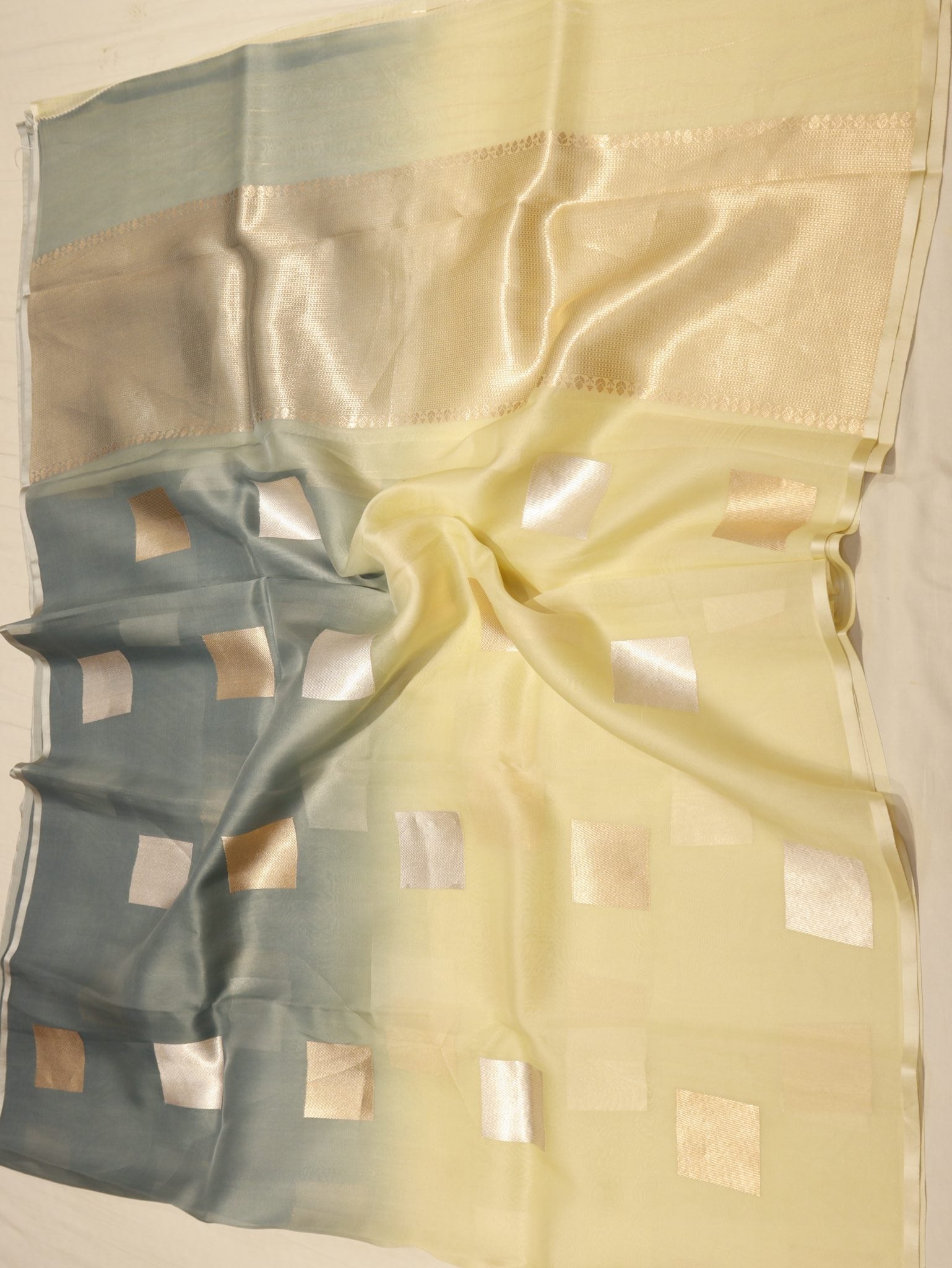 Ombre - Ice grey, Butter Yellow Kora Silk Banarasi saree front drape view