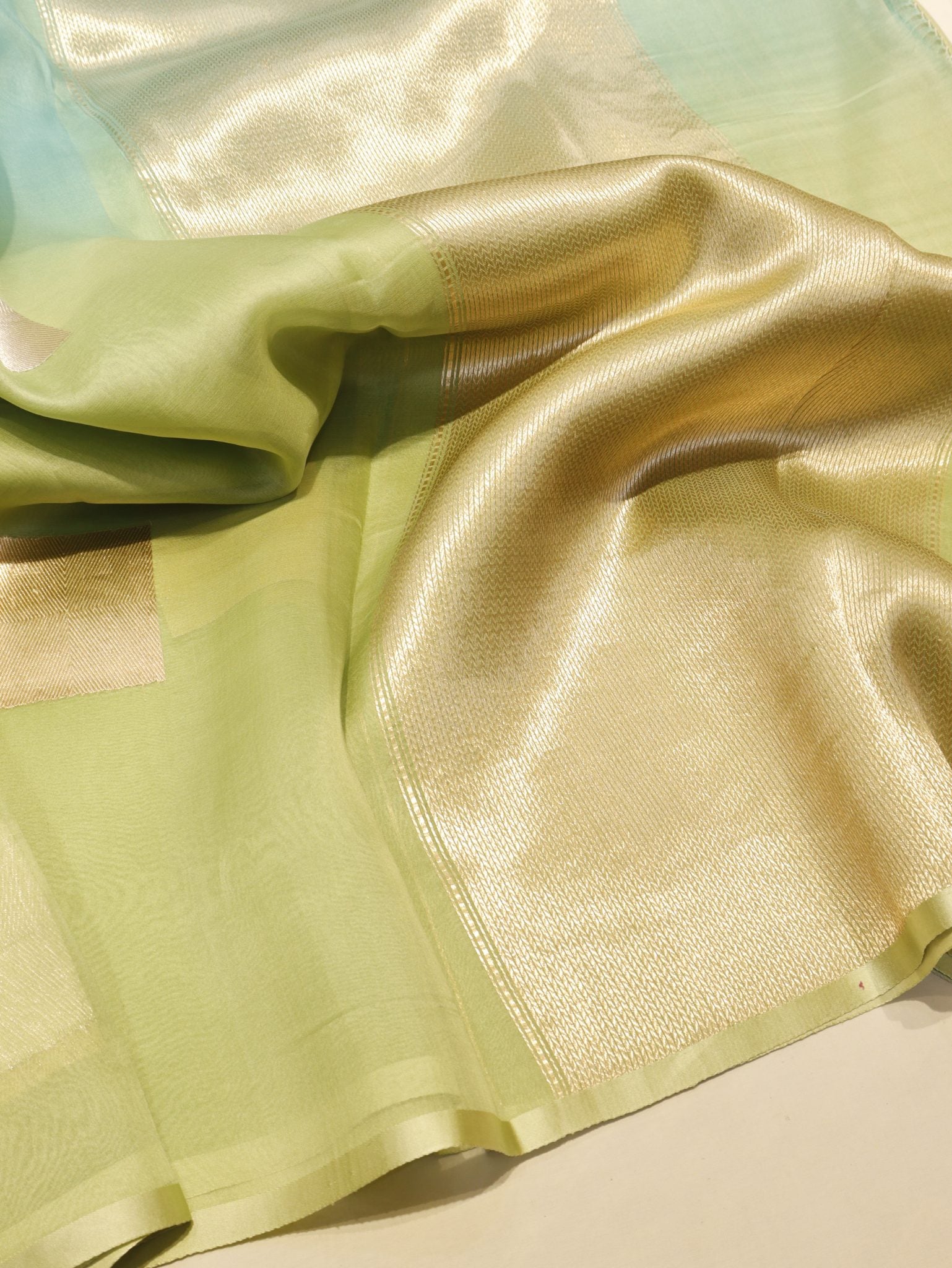 Ombre - Green, Blue Kora Silk Banarasi saree front drape view