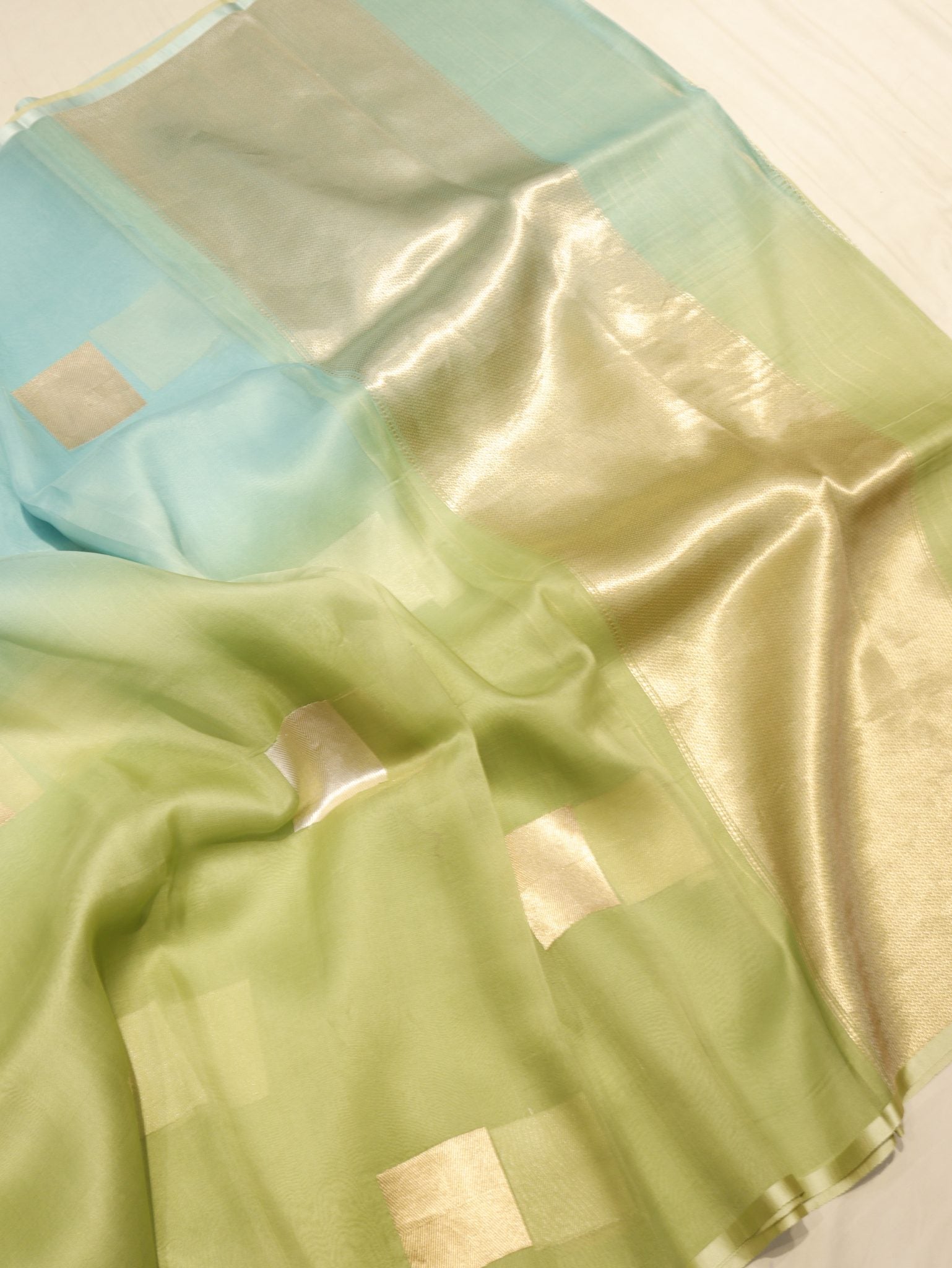 Ombre - Green, Blue Kora Silk Banarasi saree blouse piece
