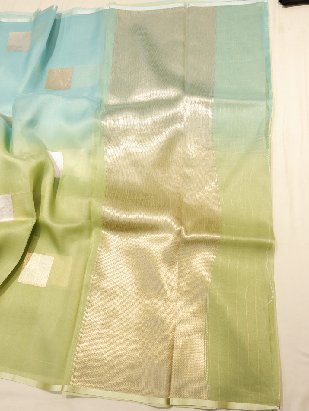 Ombre - Green, Blue Kora Silk Banarasi saree folded view