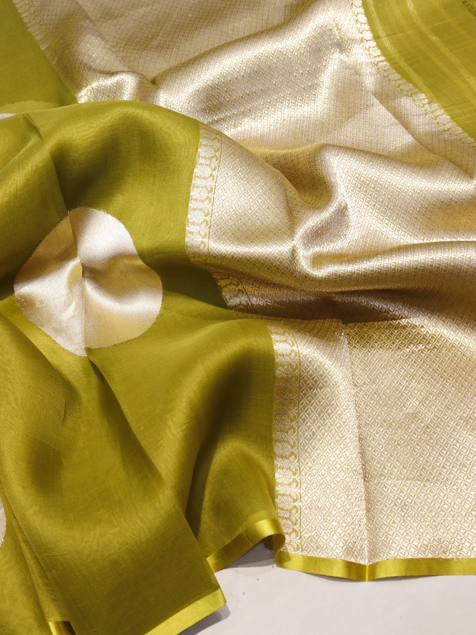 Mehendi Green Kora Silk Banarasi saree front drape view