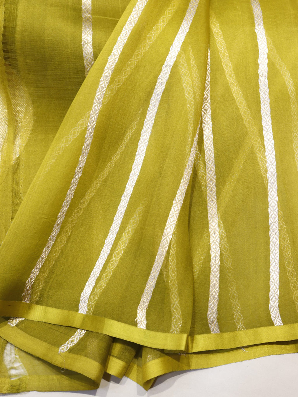 Mehendi Green Kora Silk Banarasi saree zari work detail