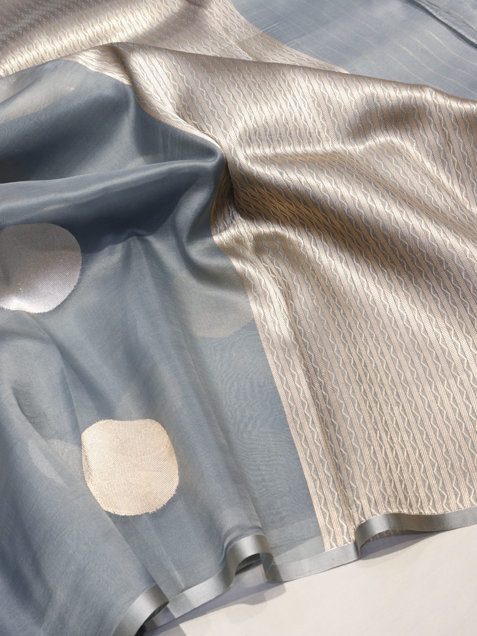 Greyish Silver Kora Silk Banarasi saree front drape view