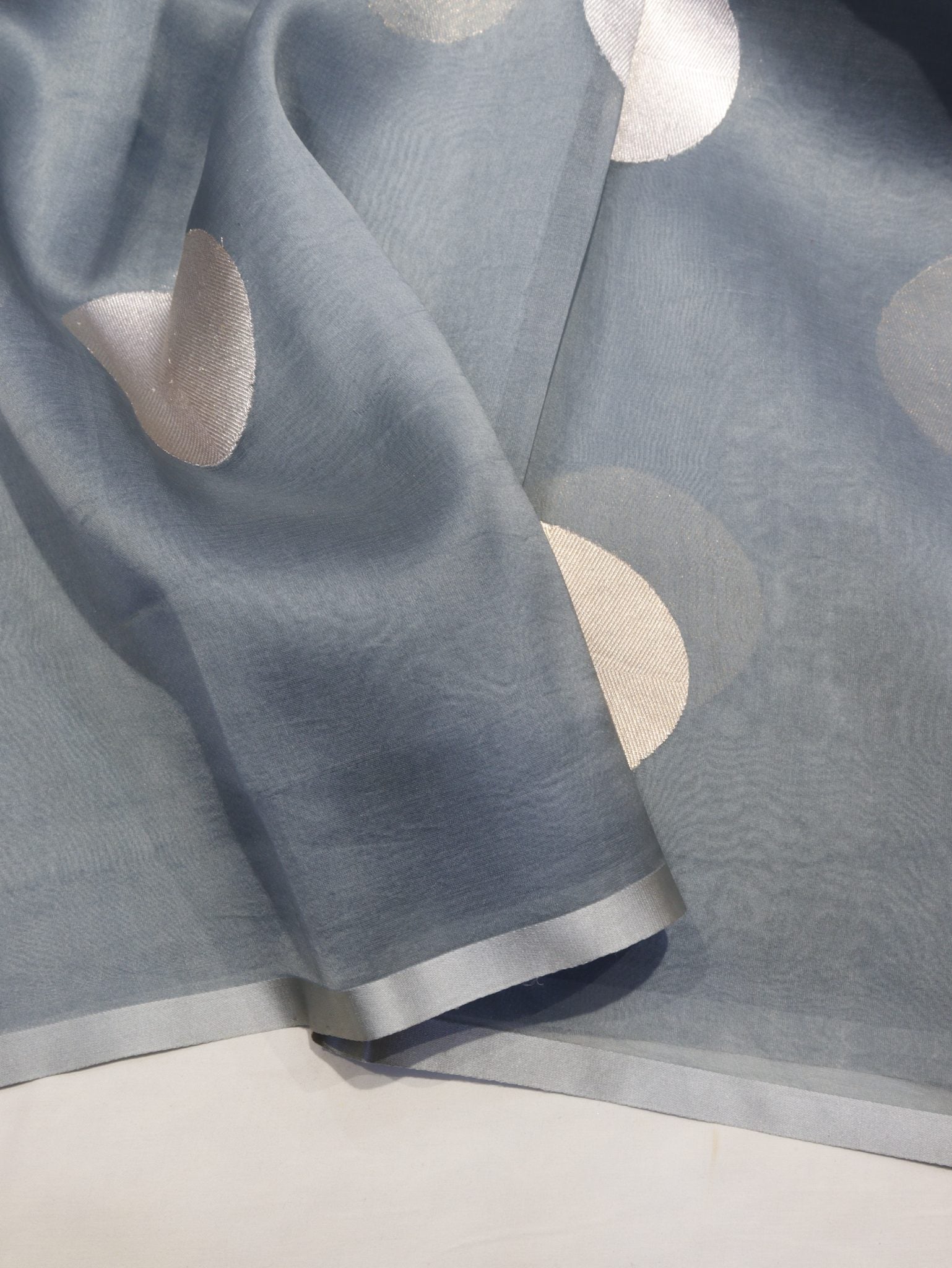 Greyish Silver Kora Silk Banarasi saree full spread