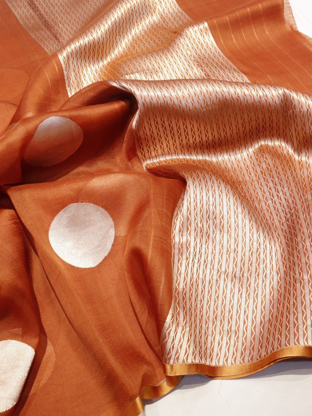 Rust Orange Kora Silk Banarasi saree front drape view