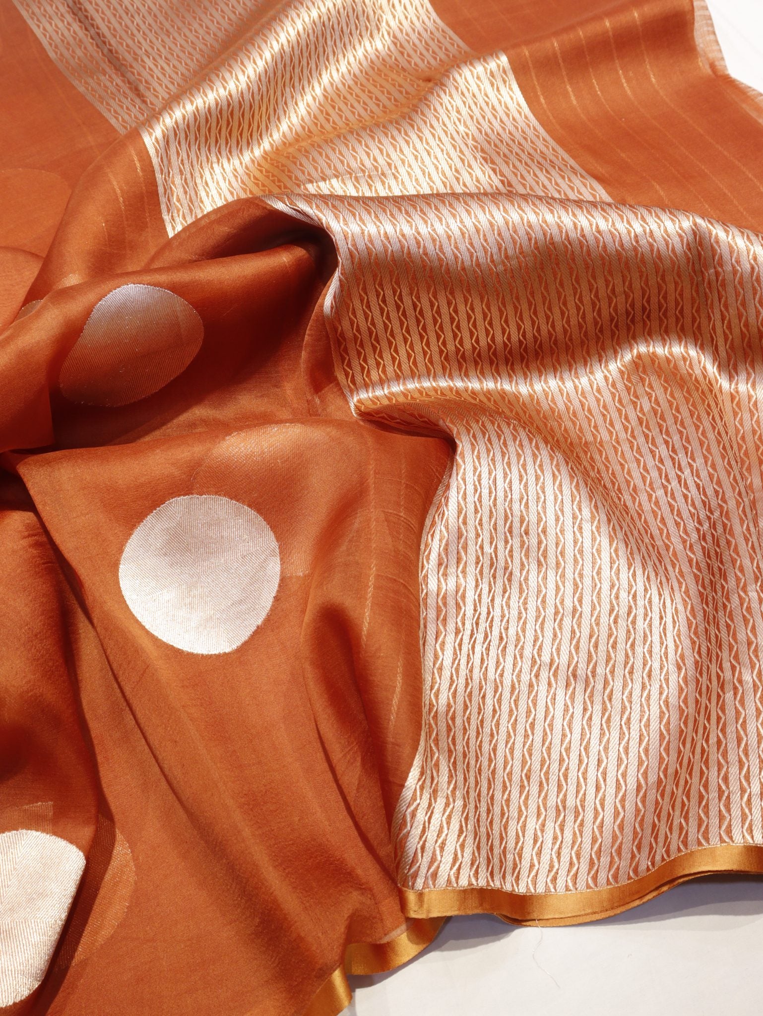 Rust Orange Kora Silk Banarasi saree front drape view
