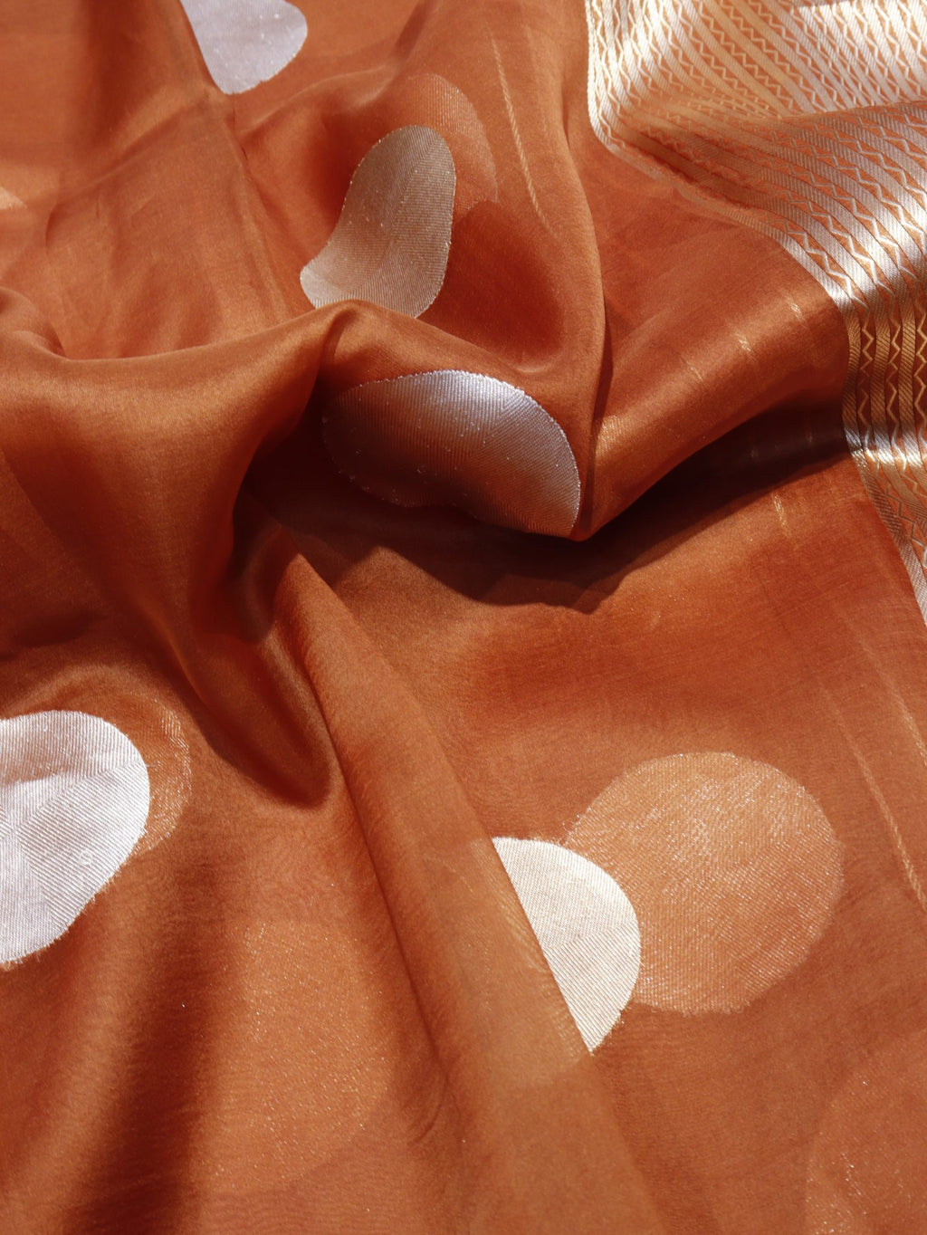 Rust Orange Kora Silk Banarasi saree border closeup