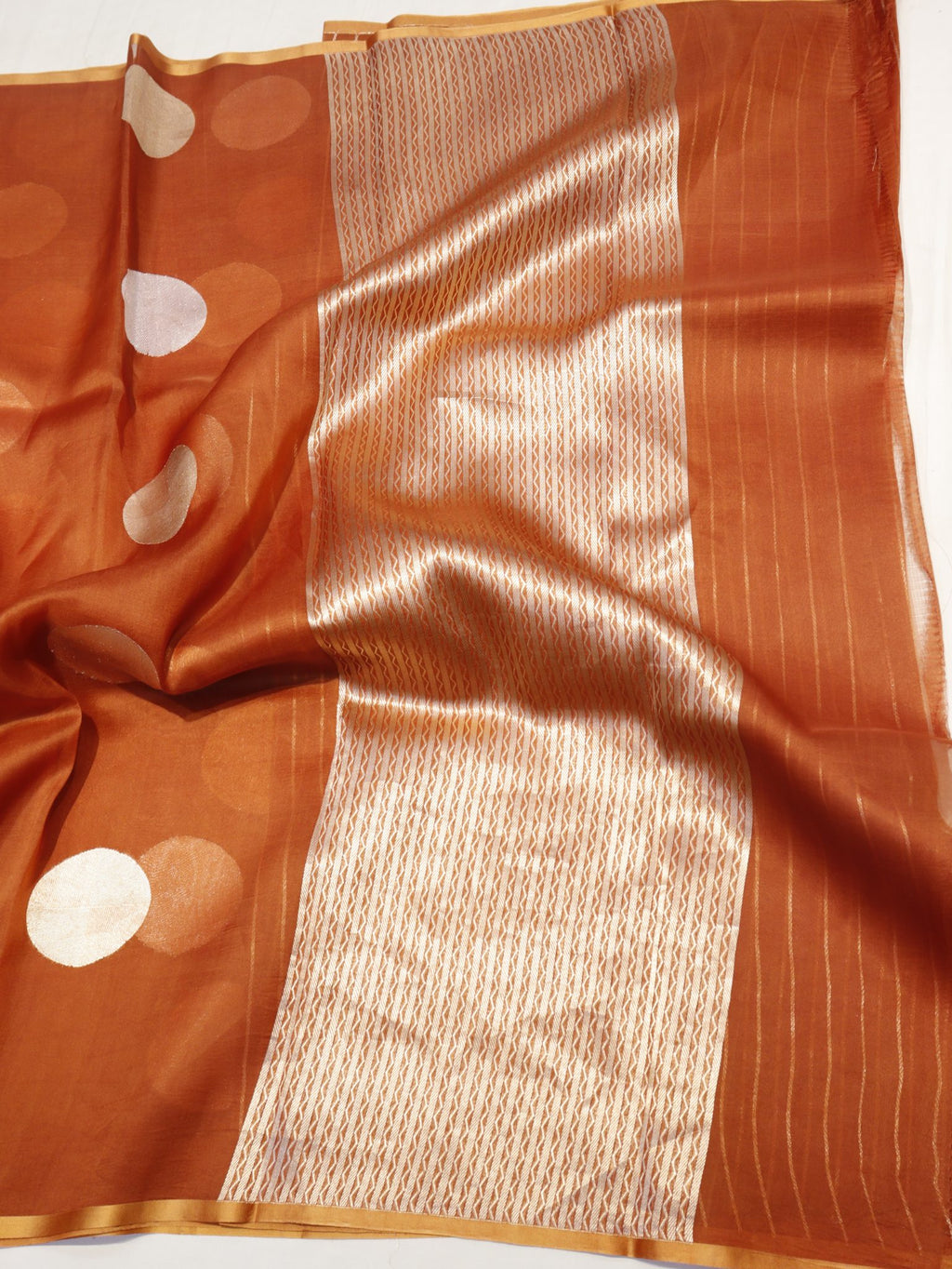Rust Orange Kora Silk Banarasi saree full spread