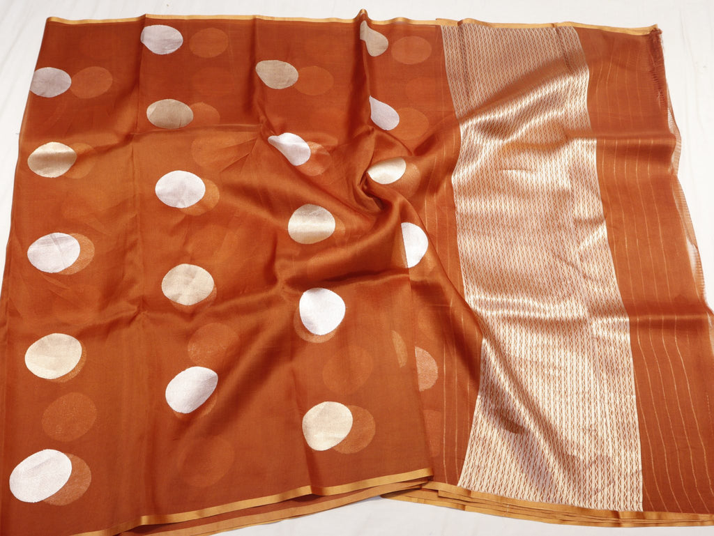 Rust Orange Kora Silk Banarasi saree zari work detail