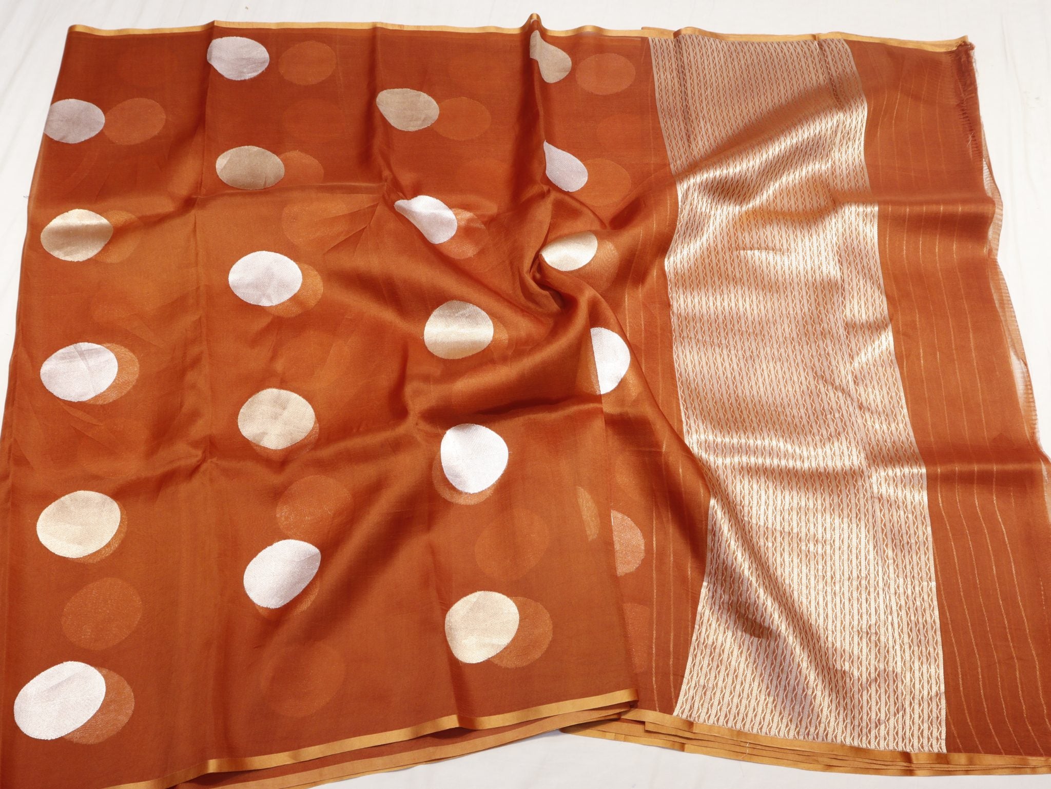 Rust Orange Kora Silk Banarasi saree zari work detail