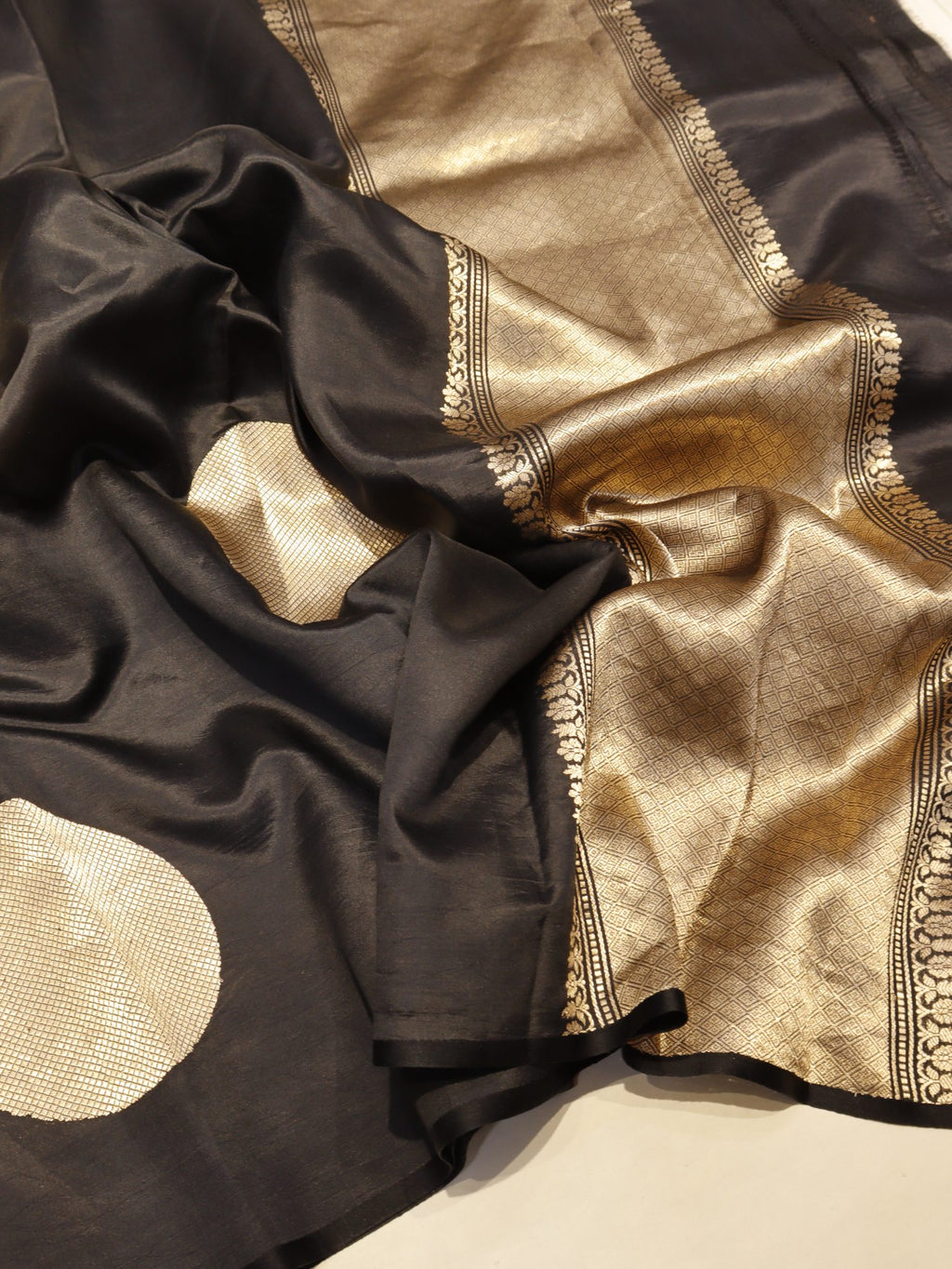 Black Soft Katan Banarasi saree front drape view