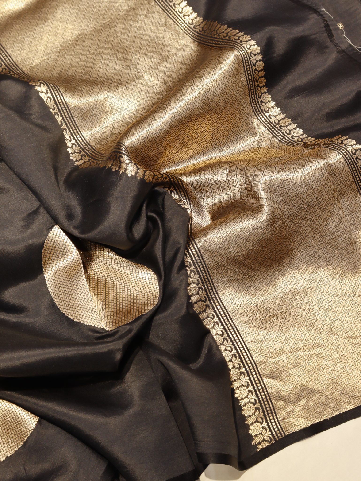 Black Soft Katan Banarasi saree border closeup