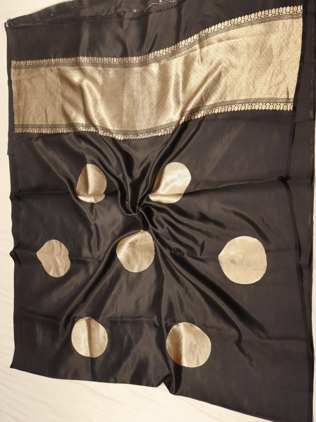 Black Soft Katan Banarasi saree front drape view