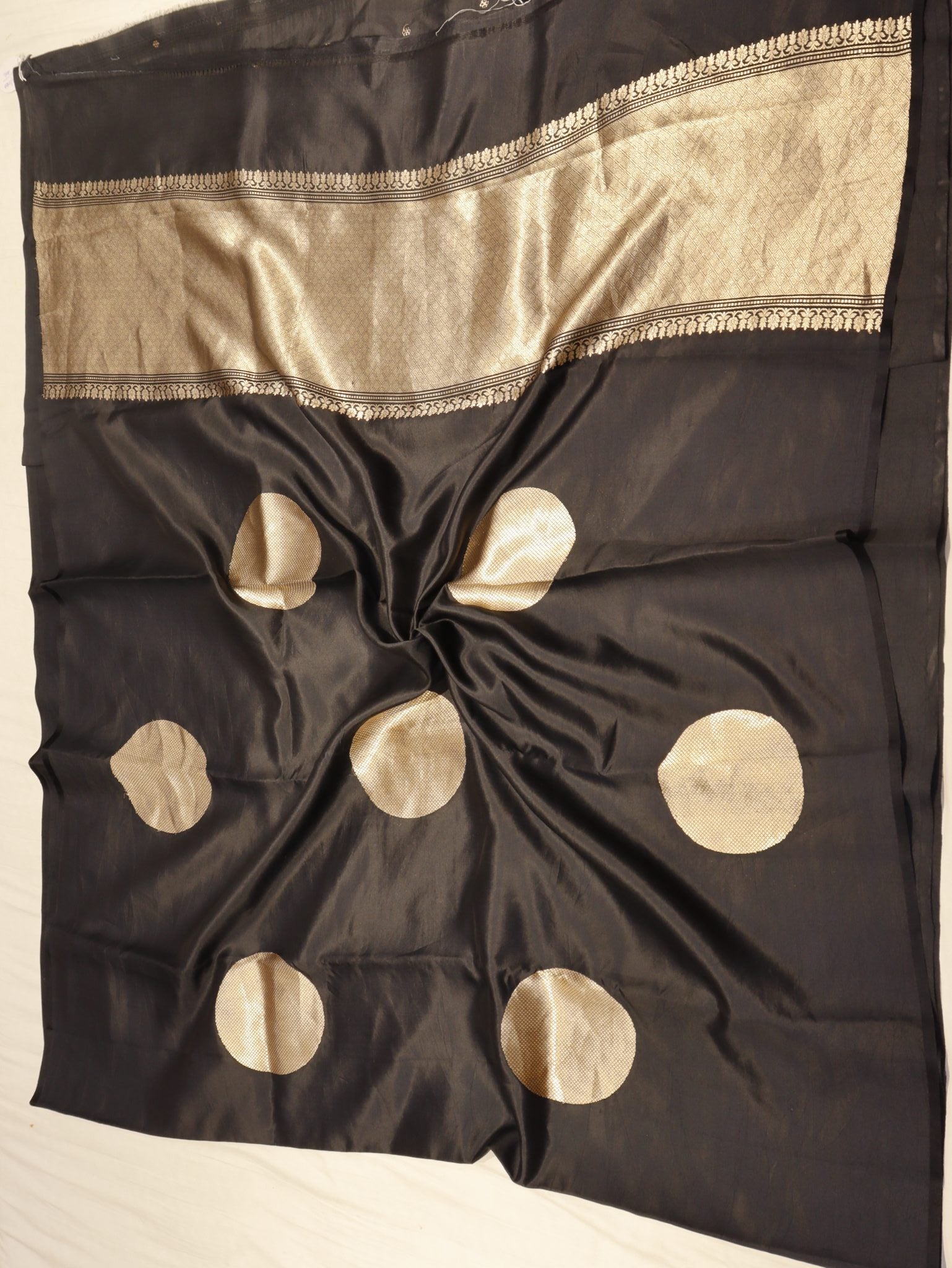 Black Soft Katan Banarasi saree front drape view