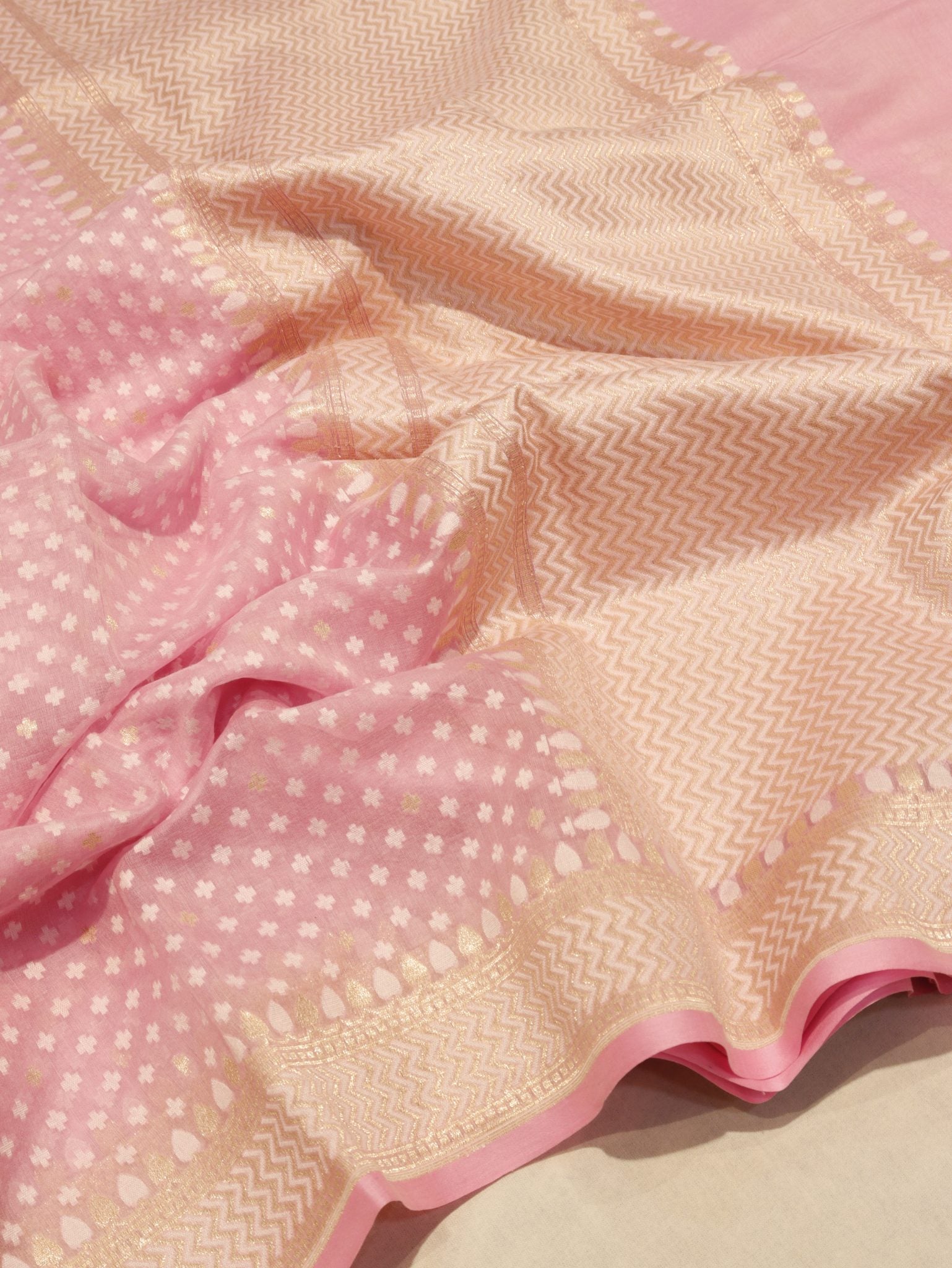 Baby Pink Cotton Banarasi saree front drape view