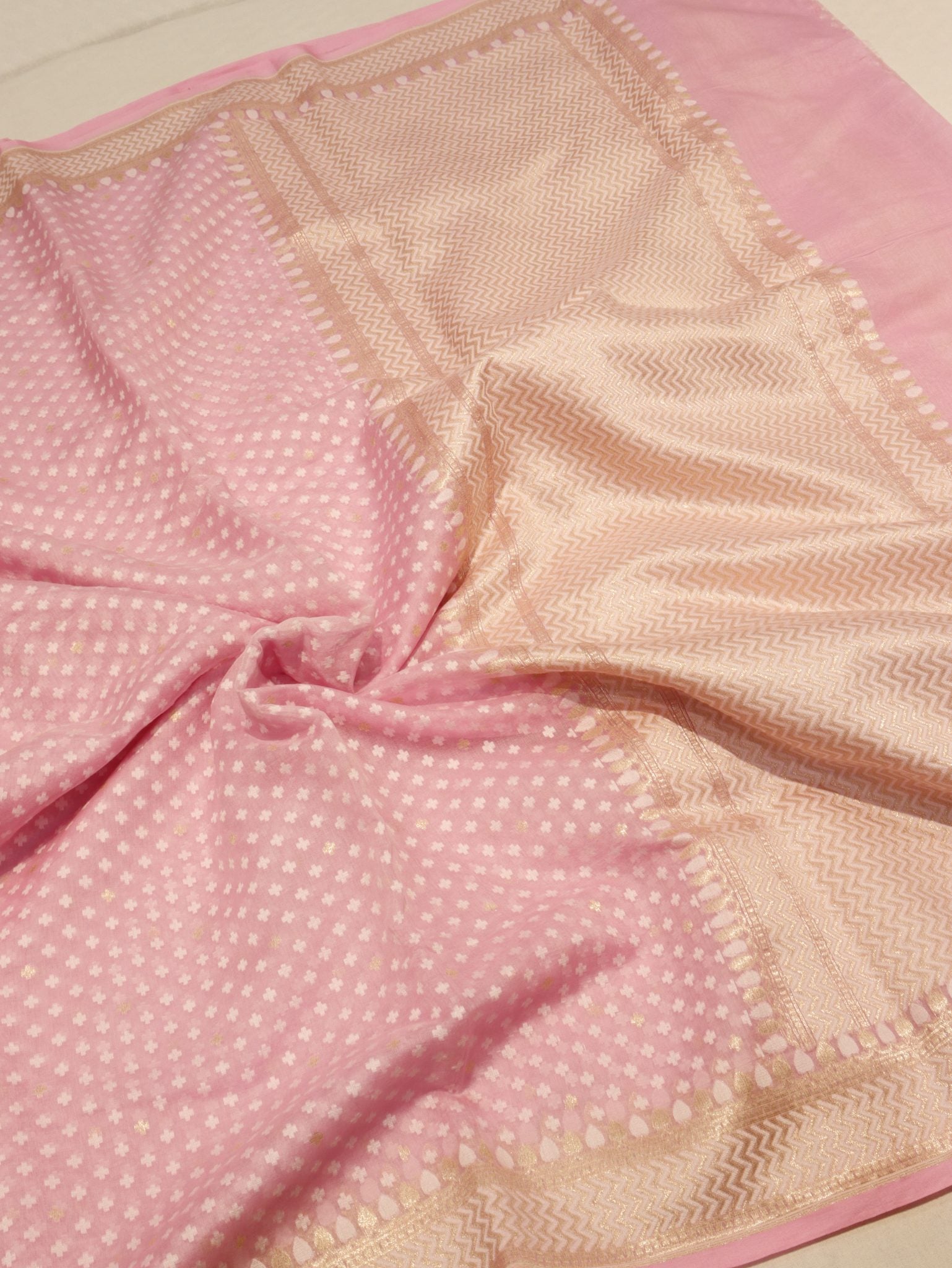 Baby Pink Cotton Banarasi saree full spread