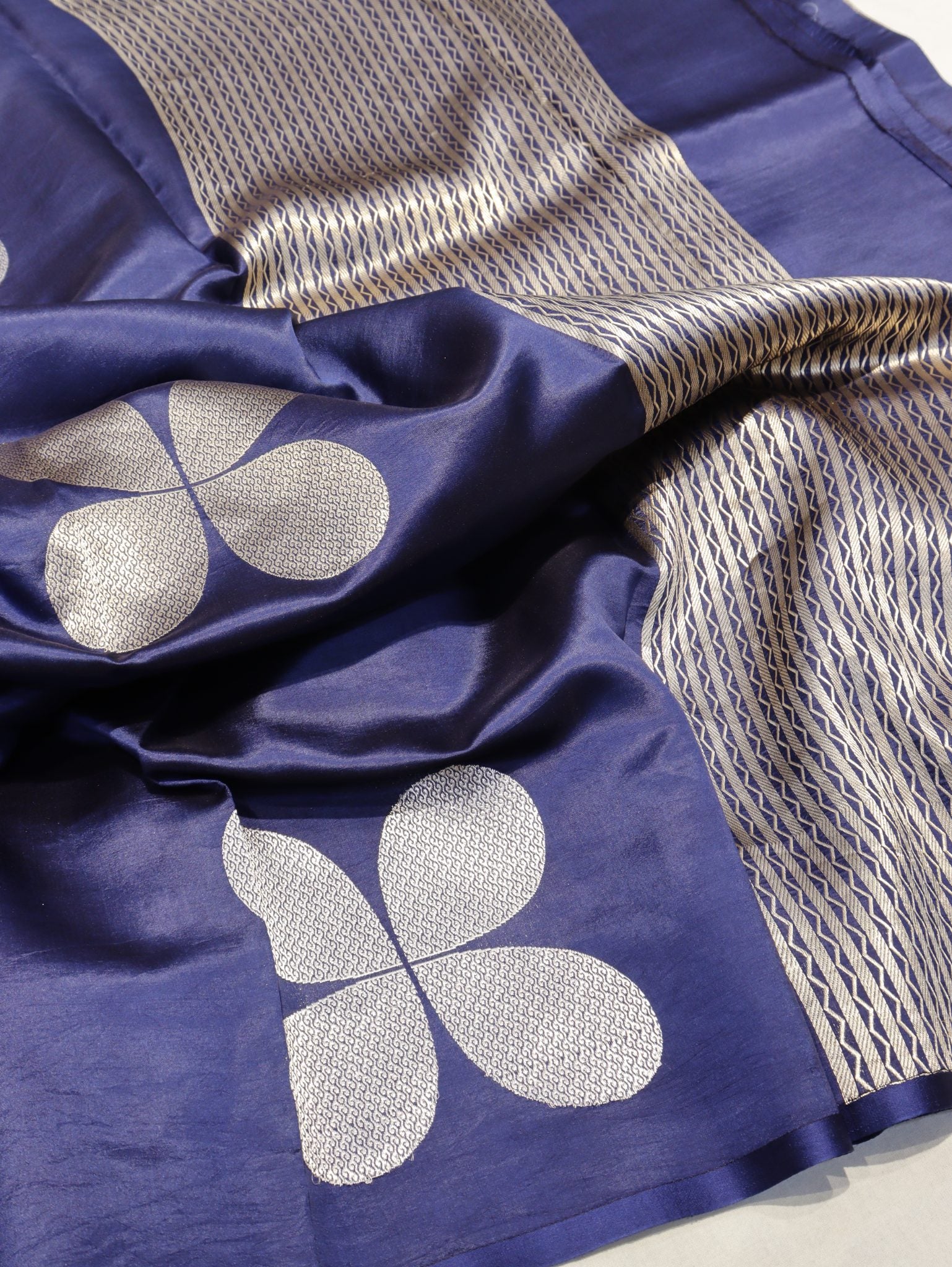 Navy Blue Soft Katan Banarasi saree front drape view