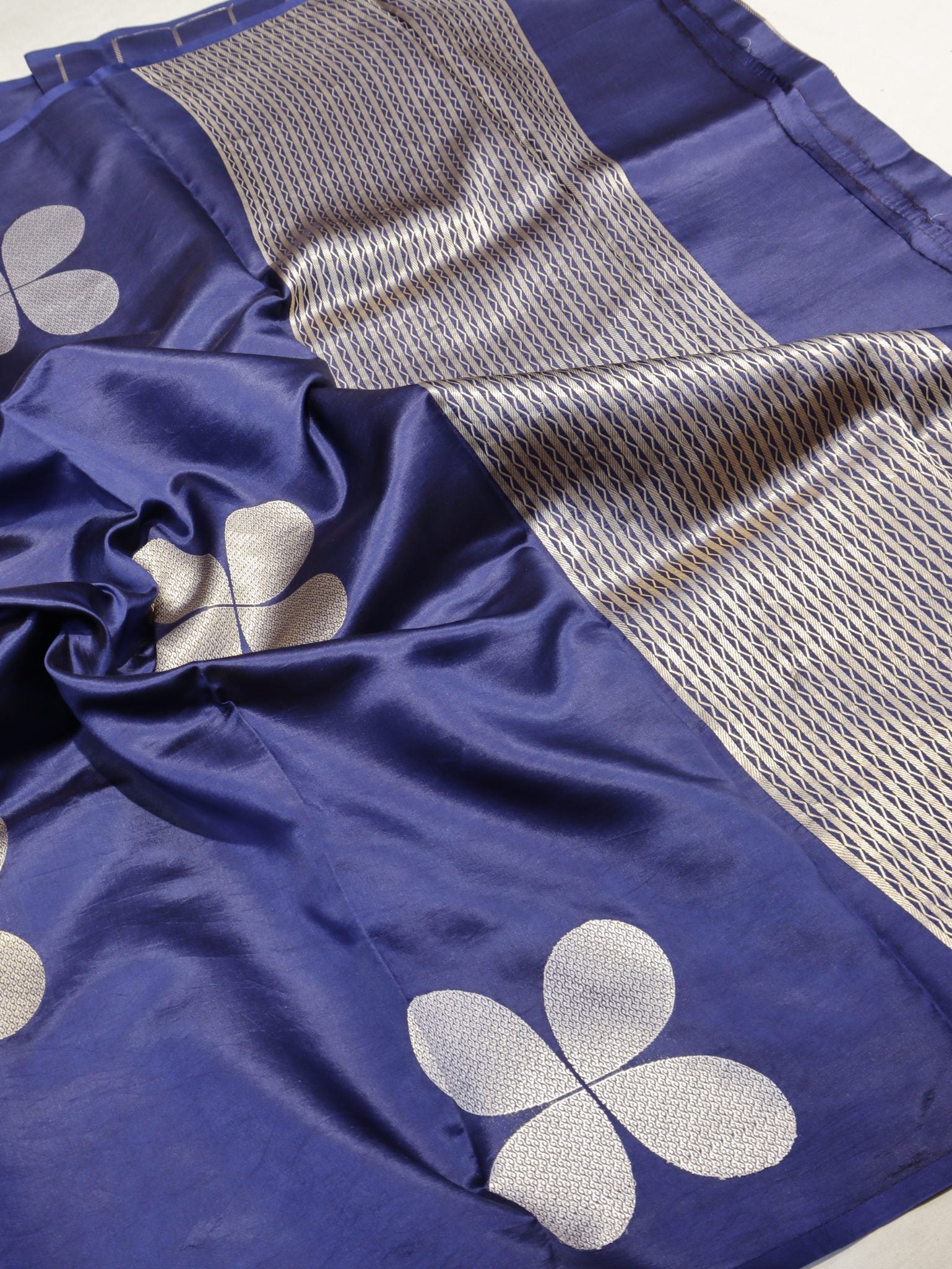 Navy Blue Soft Katan Banarasi saree border closeup