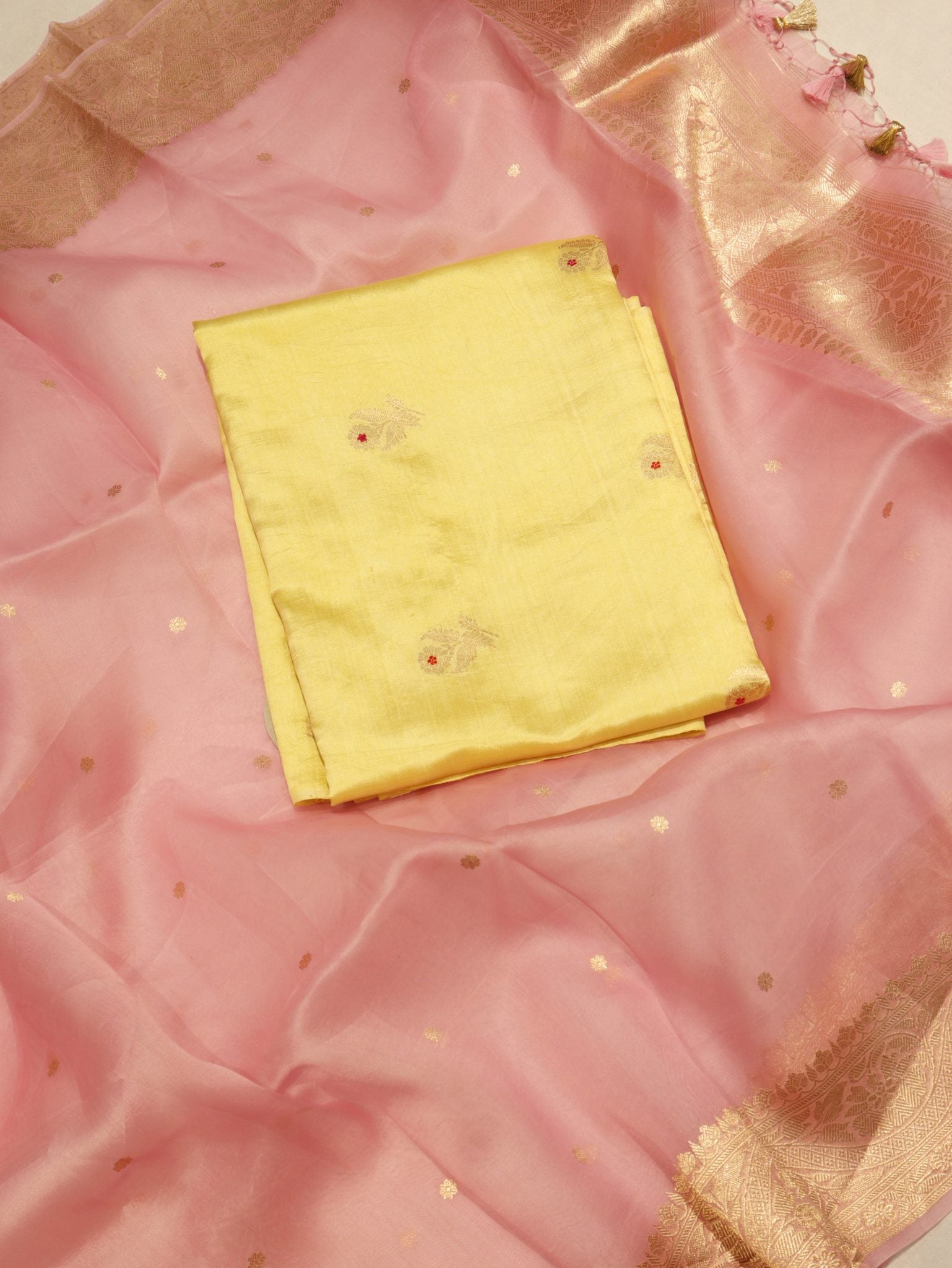 Yellow Soft Katan Banarasi suit front drape view