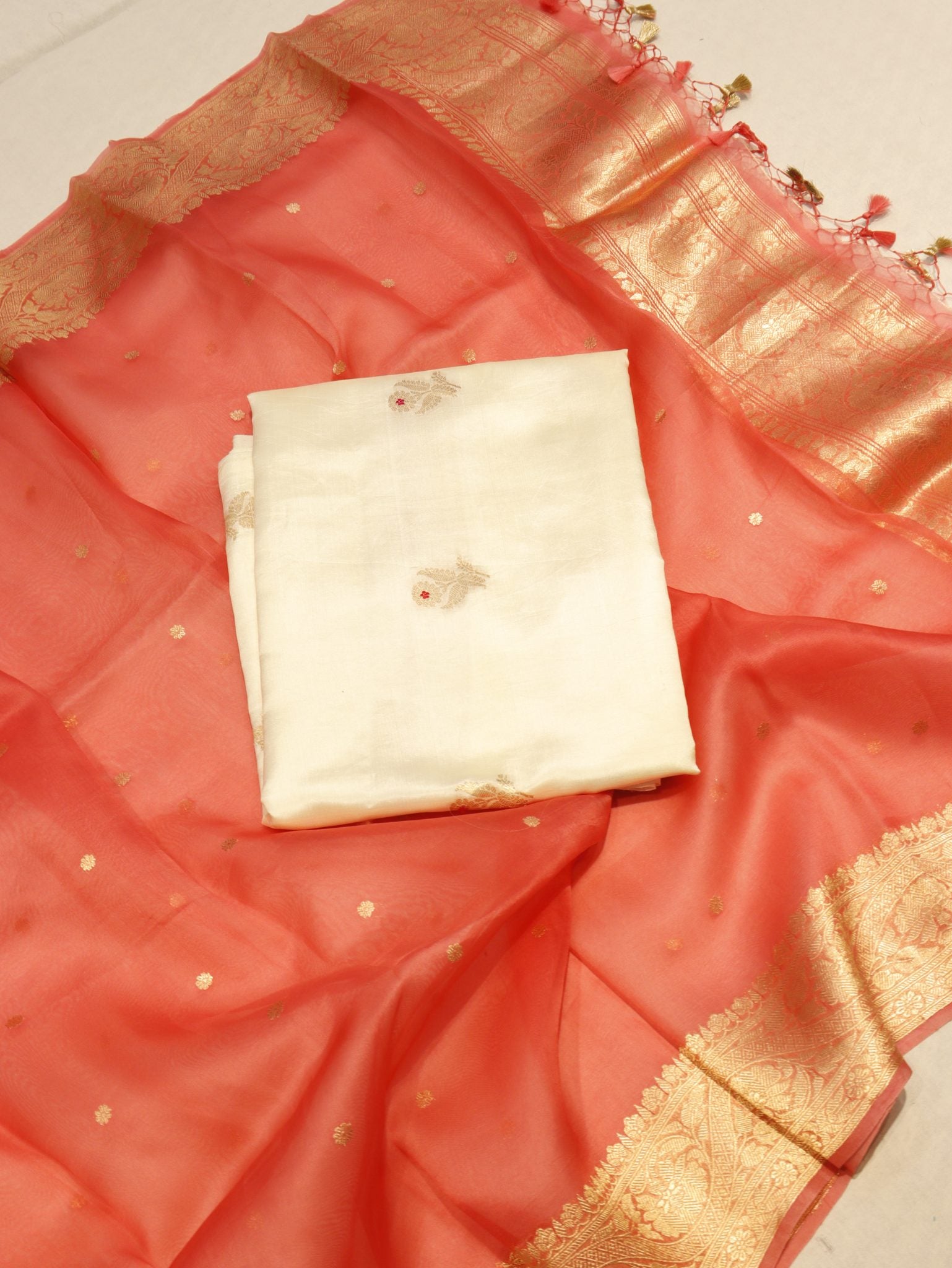 Cream Soft Katan Banarasi suit front drape view