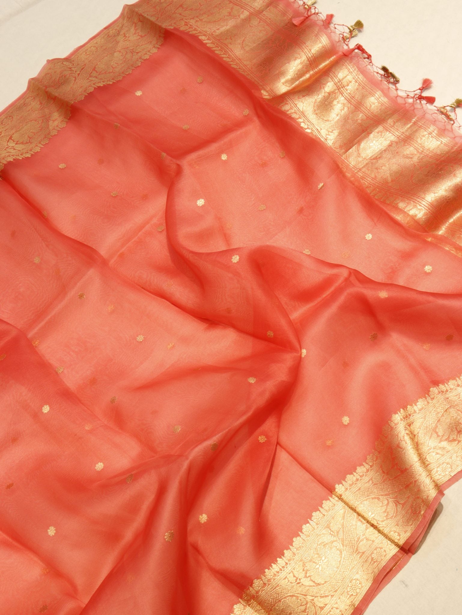 Cream Soft Katan Banarasi suit neckline detail