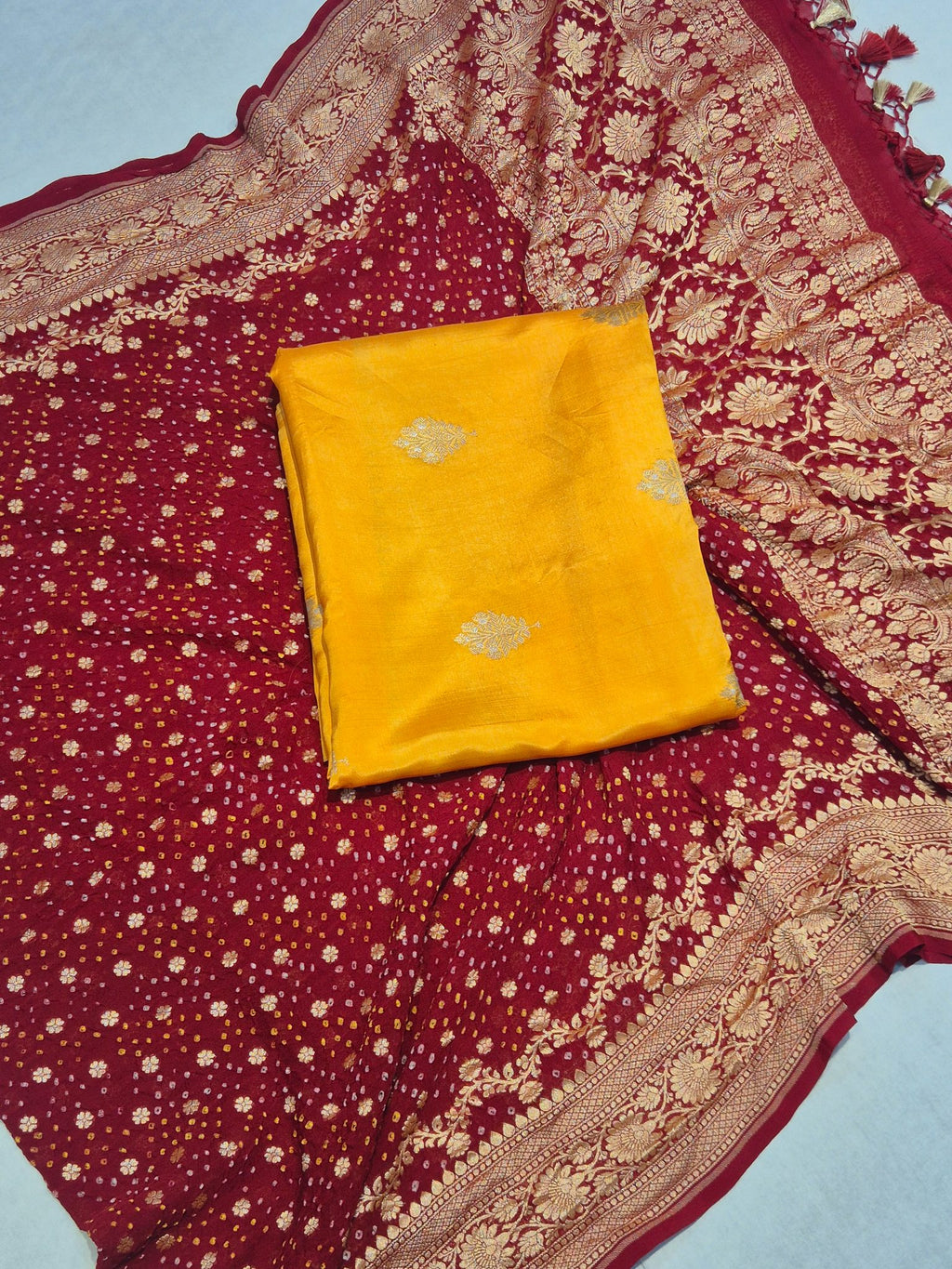Orange Soft Katan Banarasi suit front drape view