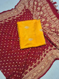 Orange Soft Katan Banarasi suit front drape view