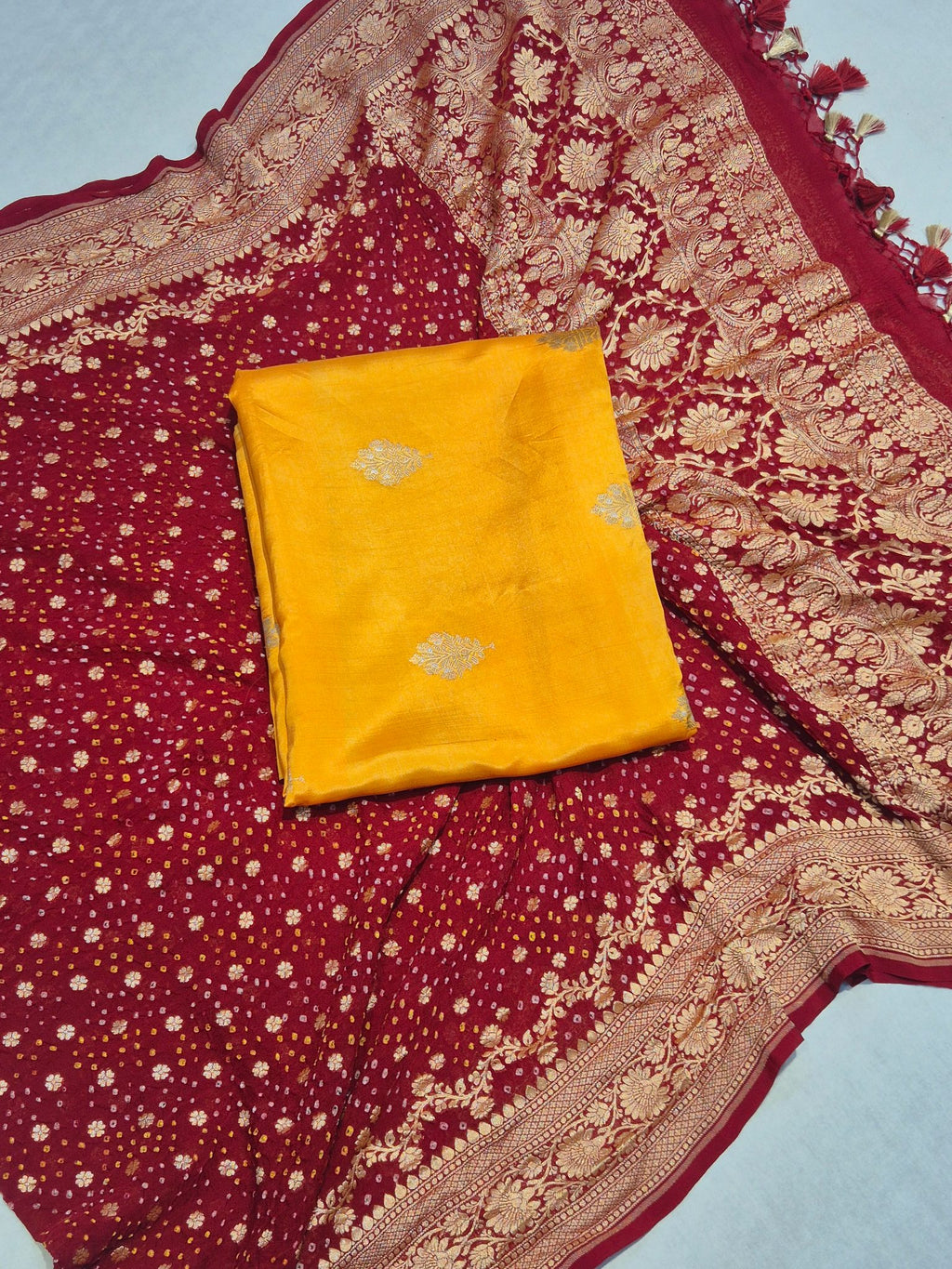Orange Soft Katan Banarasi suit neckline detail