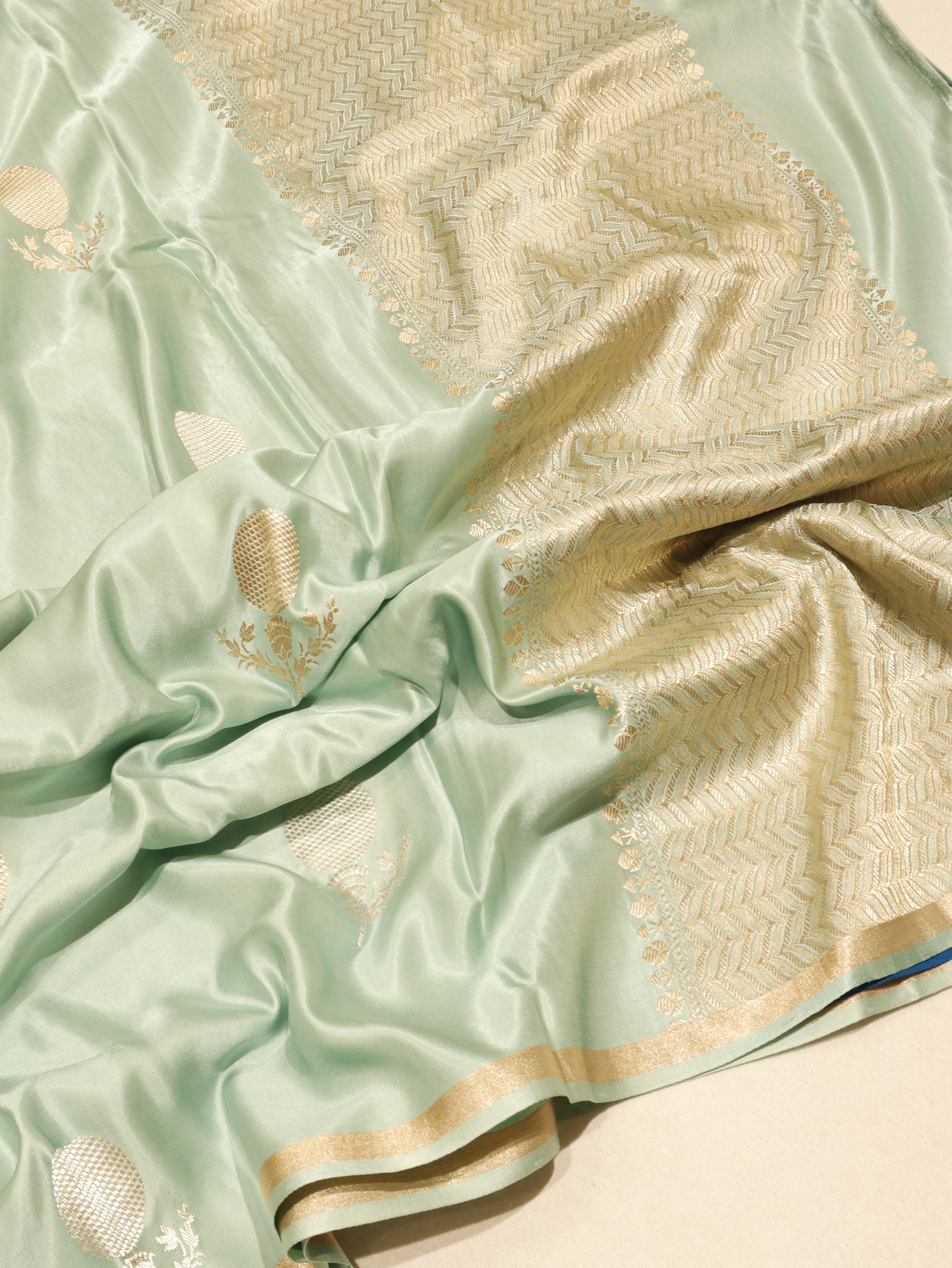 Mint Mashru Silk Banarasi saree front drape view