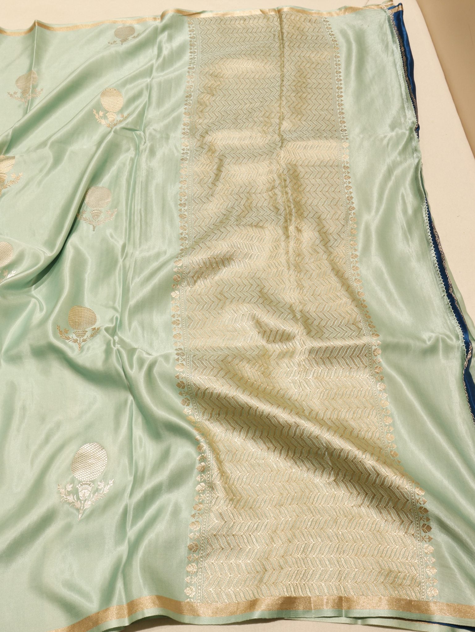 Mint Mashru Silk Banarasi saree full spread